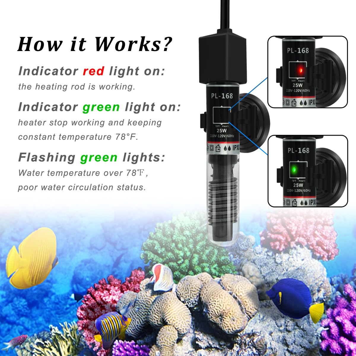 Pulaco 25W Small Aquarium Submersible Betta Heater With Free Thermometer Strip, Under 6 Gallon Fish Tanks (Preset Temperature 78