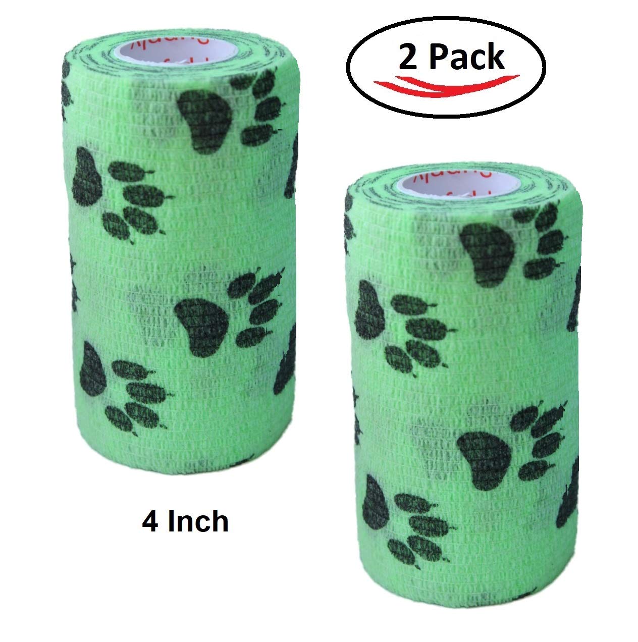 Vet Wrap Wrap Tape (Green with Paw Prints) (2 Pack) (3 Inch x 15 feet) Self Adhesive Adherent Adhering Cohesive Flex Self Stick