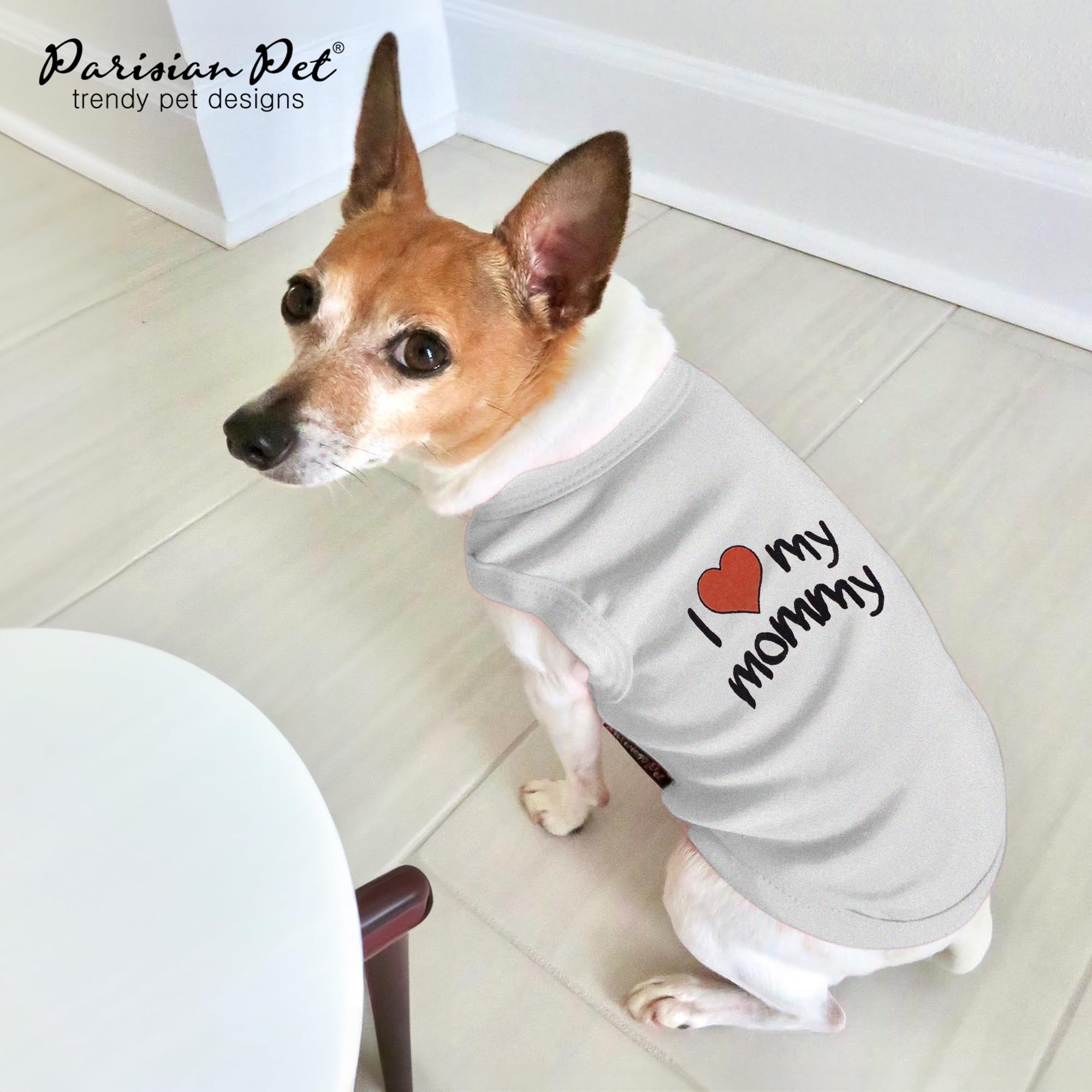 Parisian Pet Unisex Dog T-Shirt With Embroidered 'I Love My Mommy' Words - 100% Cotton, I Love My Mom Shirt - Breathable Sleeveless Pet Vest - Grey Dog Shirts For Small Dogs, Xxs