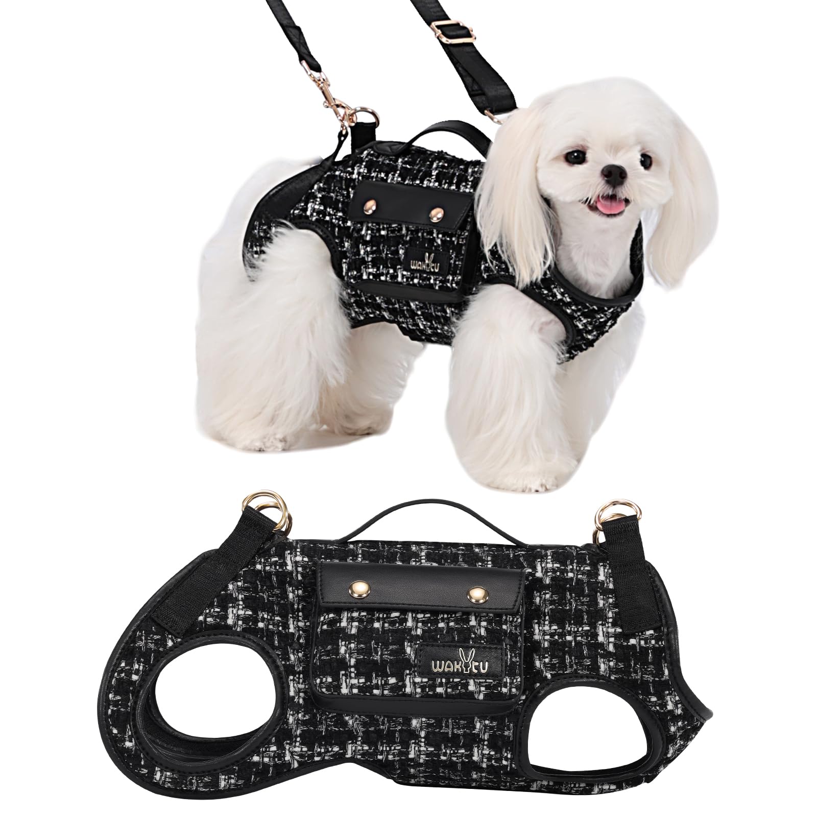 Wakytu Dog Lift Harness Dog Carrier Dog VES Harness Adjustable Dog Leash with Small Puppy Treat Bag(Black,M)