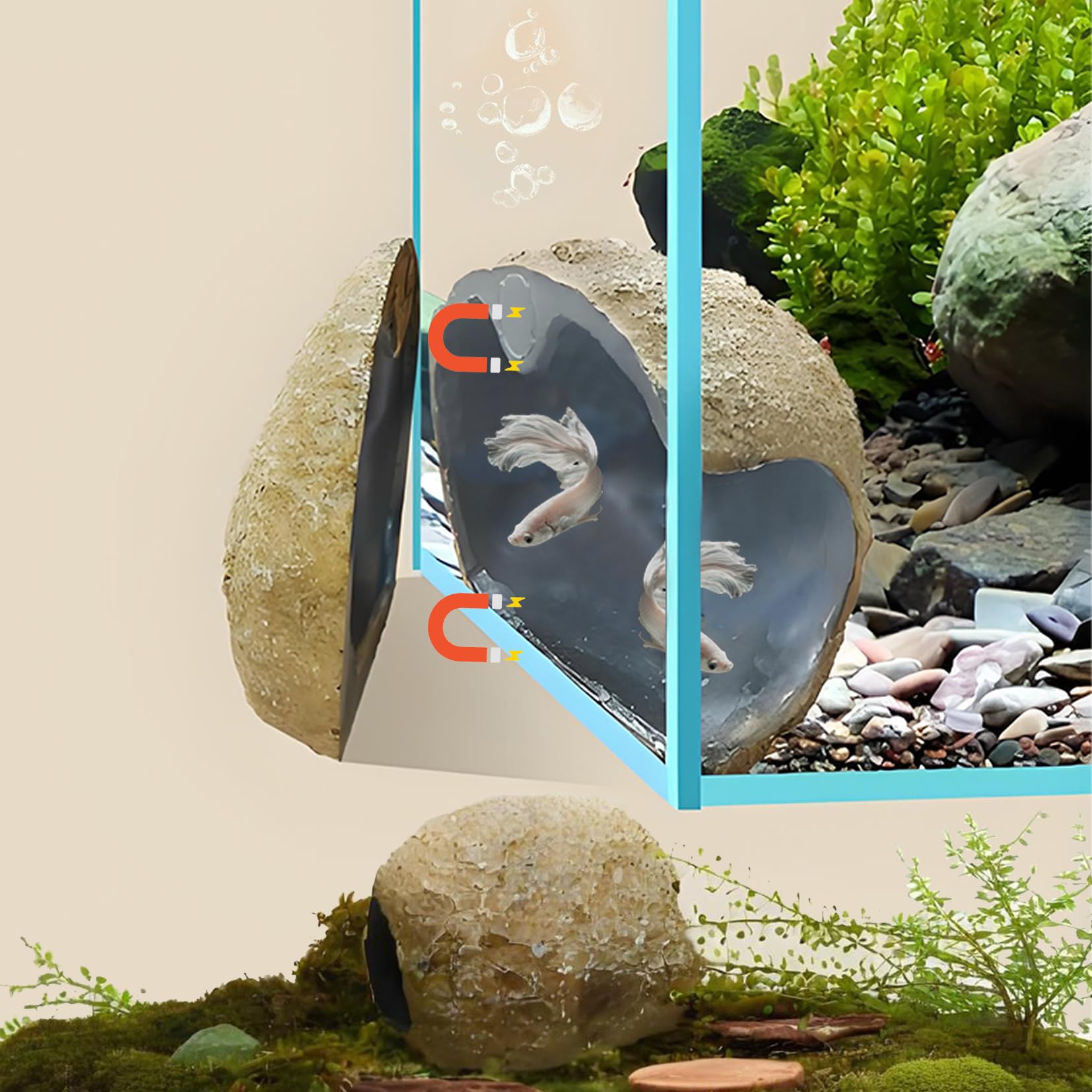 Aquarium Decor Ornaments,Magnetic Detachable Fish Tank Decorations Hideout,Resin Fish House for Betta Fish Tank Decor,Shrimp Tan