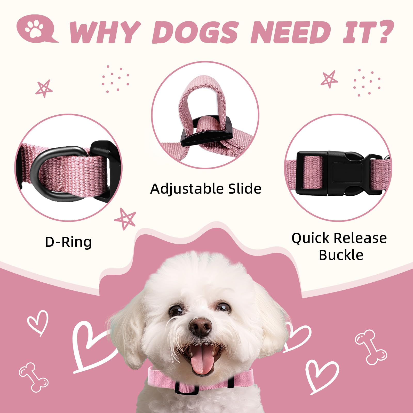 Pawhuggies Pink Dog Collar For Medium Size Dog, Breathable, Anti-Odor & Soft, Comfortable For Sensitive Skin Puppies, 90% Bamboo