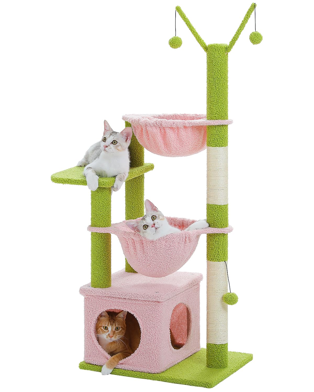 Muttros Pink Cat Tree, 47.6'' Cat Tower With 2 Metal Frame Hammock, Cat Scratching Post For Indoor Cats With 2 Removable Pompom 