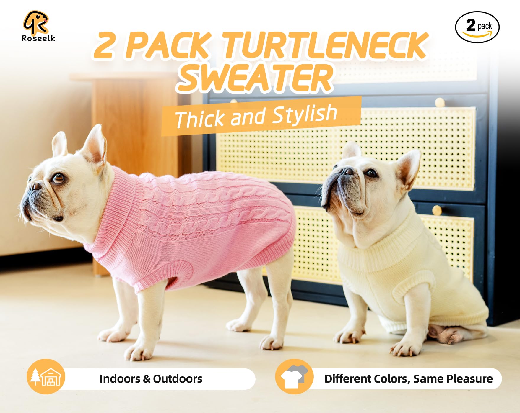 Roseelk 2 Pack Dog Sweaters For Small Dogs - Puppy Medium Warm Clothes In Winter, Turtleneck Pullover Design For Boy Girl Pet, Doggie, Cat, Kitten Chihuahua Bulldog Pug Beagles (M, Pink, Beige)