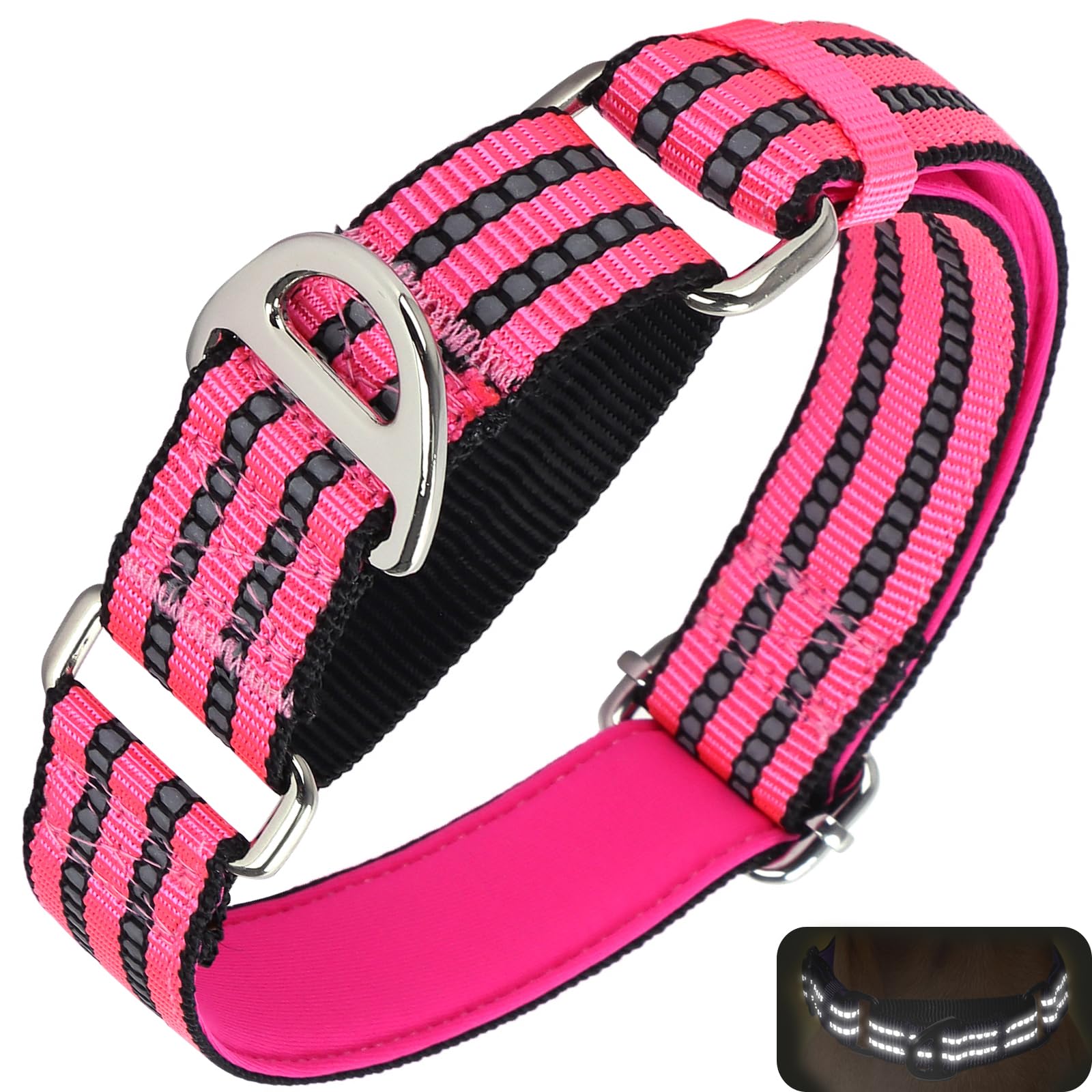 Onefojojo Martingale Dog Collars Reflective Nylon Dog Collar With No Buckle Adjustable Training No Slip Dog Collar (Medium,Pink)