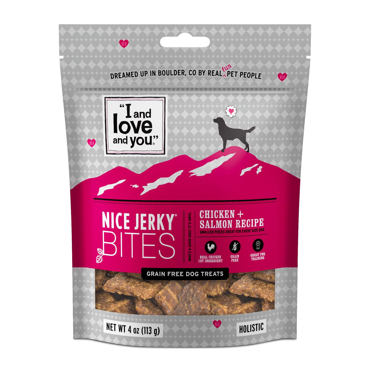 I And Love And You Nice Jerky Bites - Chicken + Salmon - Grain Free, Real Beef, Training Treat, Chewy Dog Treats, Filler Free, 4Oz