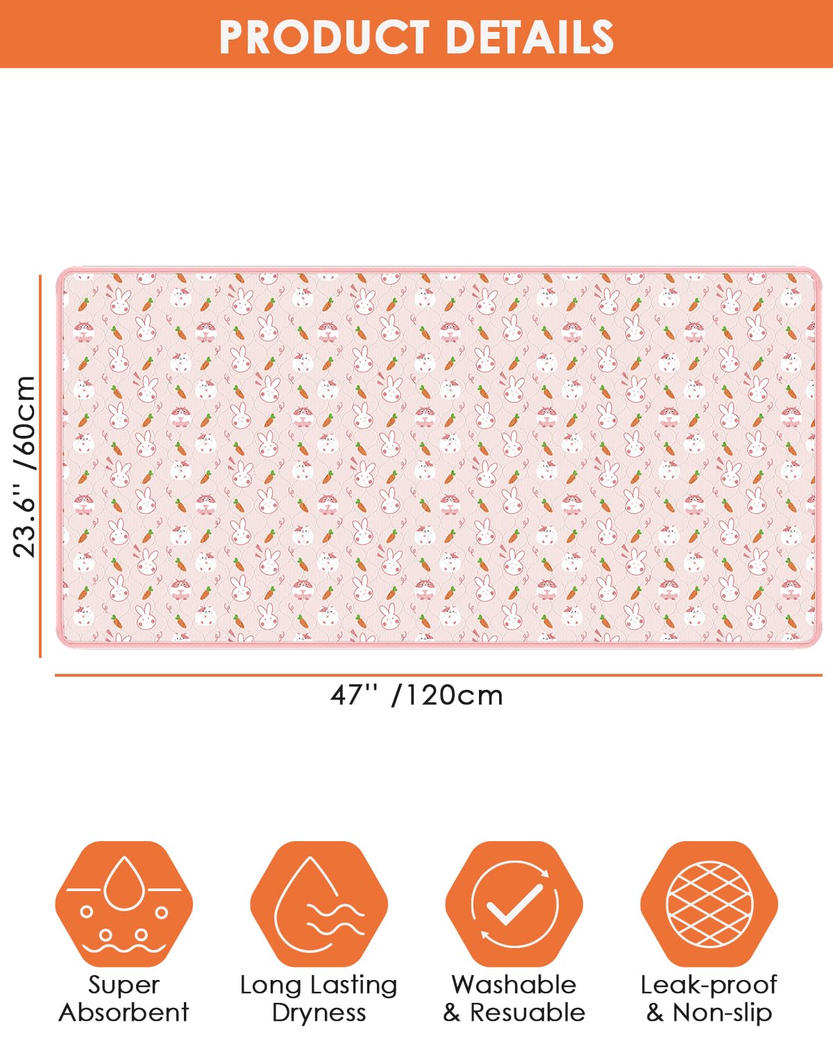 Bissap 2 Packs Guinea Pig Cage Liners, 47 ' 'X24 ' ' Washable Guinea Pig Pee Pads Non Slip Reusable Fast and Super Absorbent Bed