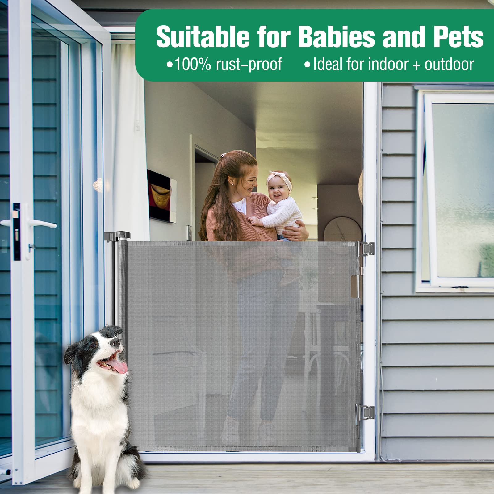 KISKIZ 42-Inch Extra Tall Retractable Baby Gate, 56 Wide, Gray, Adjustable Indoor/Outdoor Dog Gate for Doorways and Stairs