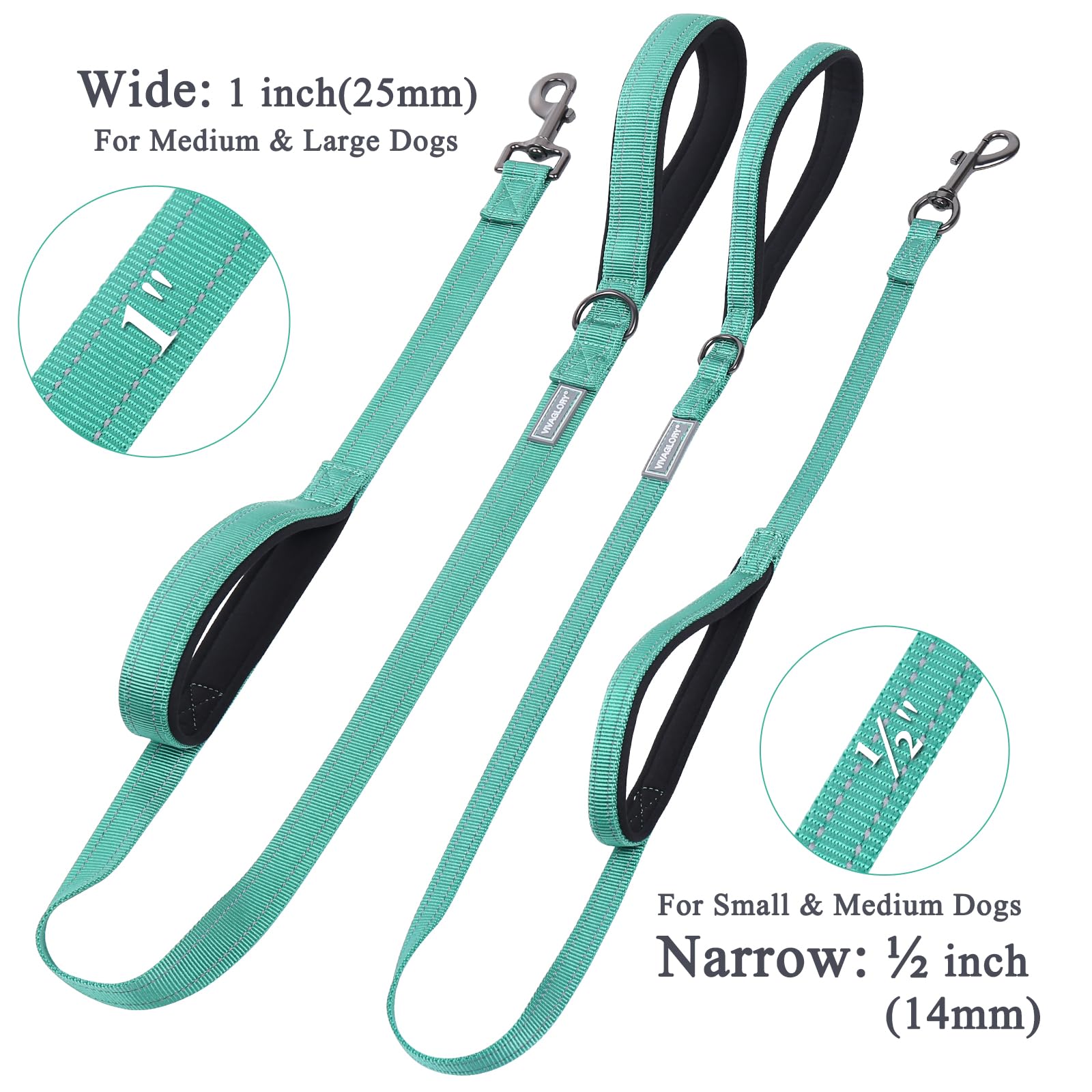 Vivaglory Traffic Handle Dog Leash, Two Padded Soft Handles Dog Leash, Strong Reflective & Metal Hook Training Dog Lead, Turquoi
