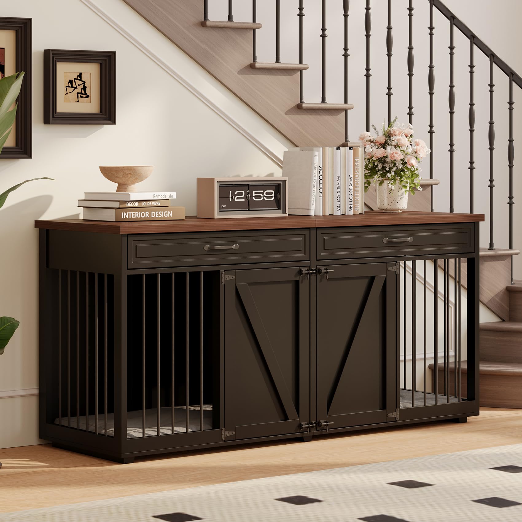 Furniture Style Dog Crate - Indoor Wooden Dog Kennel Furniture with 2 Drawers & Room Divider - 72 L x 23.6 W x 34 H - Black