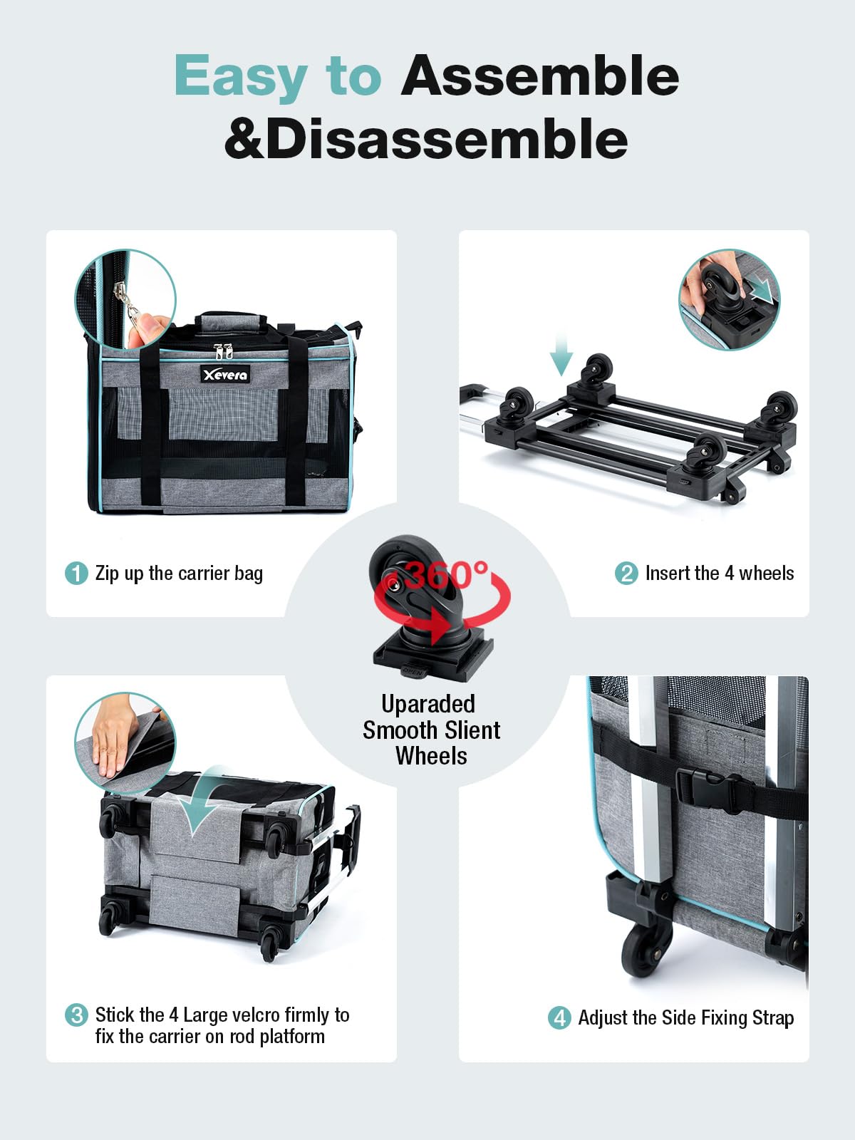 Xevera Cat Dog Carrier With Wheels Airline Approved Rolling Pet Carrier With Telescopic Handle, Shoulder Strap And Pet Bowl, Bla