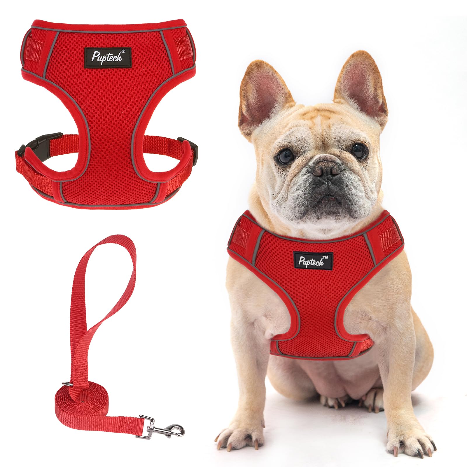 Pupteck Dog Harness And Leash Set For Small Medium Dogs No Pull, Soft Mesh Adjustable Puppy Cat Harness Reflective At Night, Red