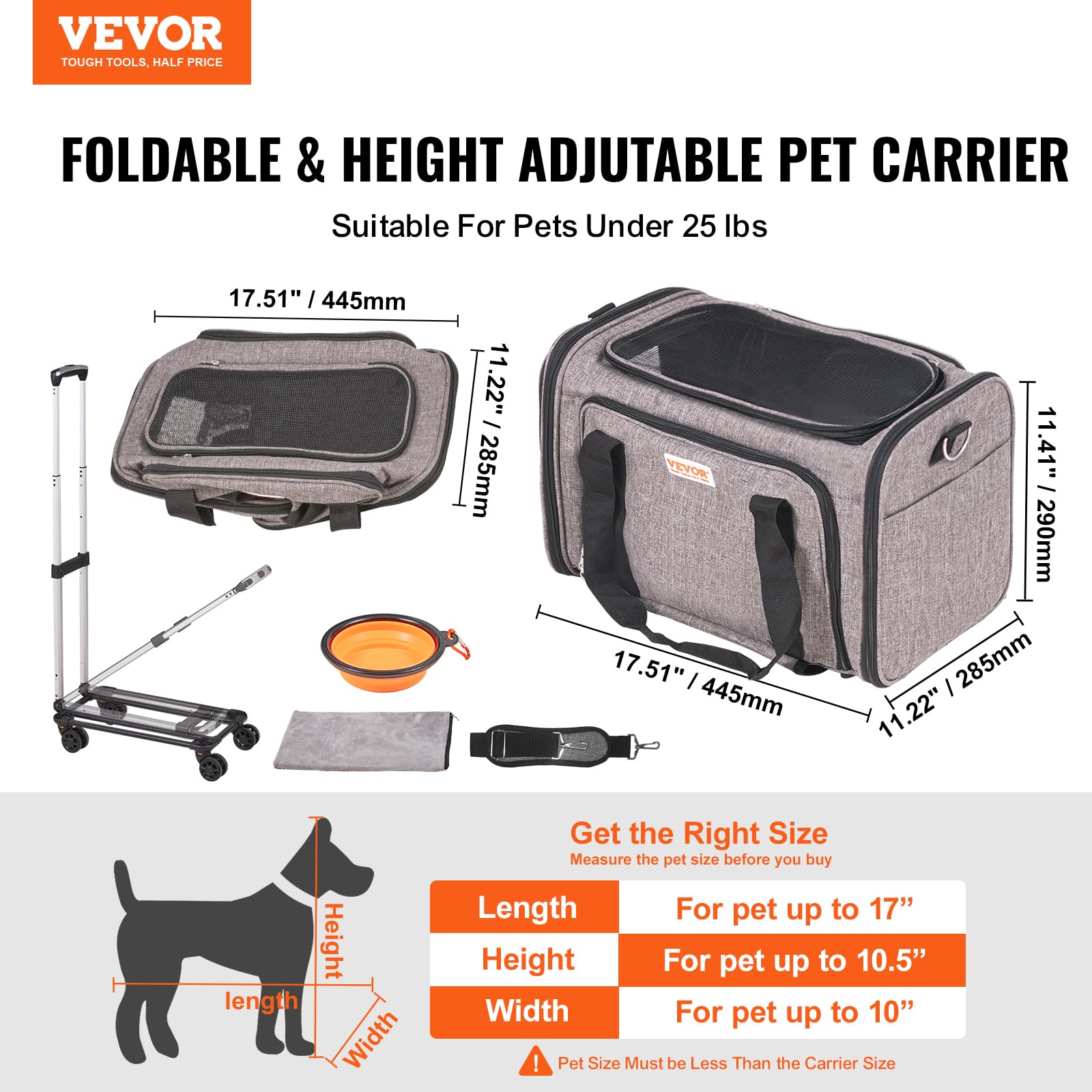 VEVOR Rolling Pet Carrier with Wheels, Expandable, Grey, 17.5L x 11.2W x 11.4H, for Pets up to 25lbs, Model