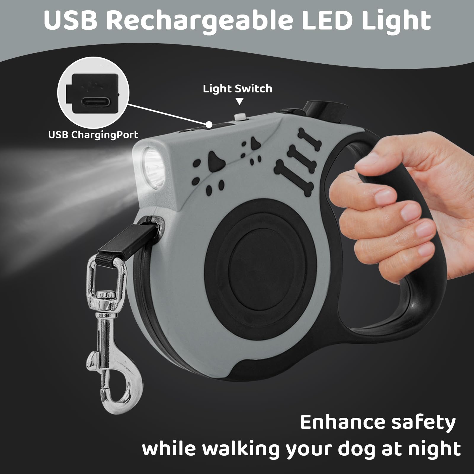COSOWO Retractable Dog Leash 16FT with USB Rechargeable Flashlight, Grey - Ideal for Small to Medium Dogs