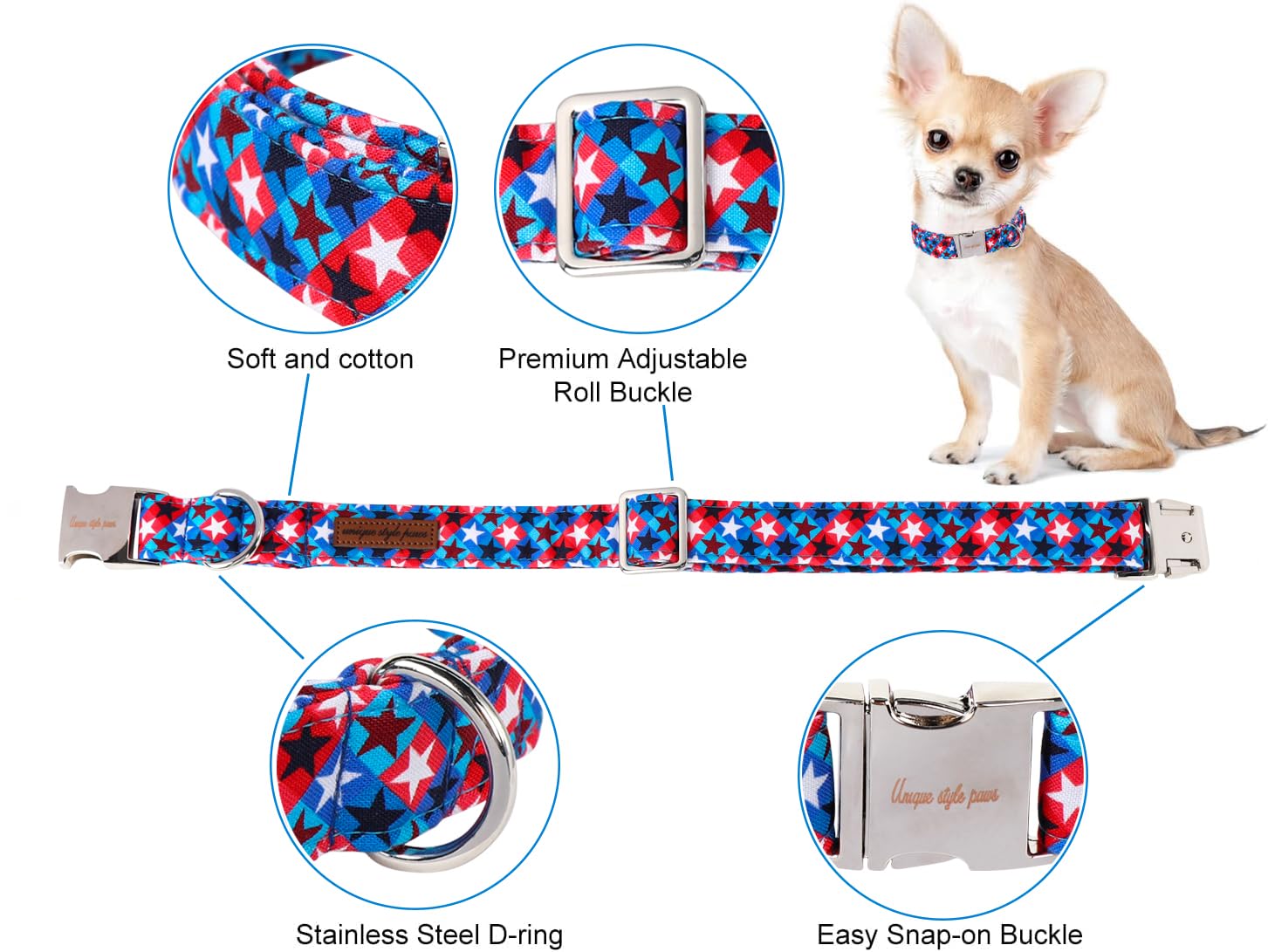 Paws 4Th Of July Dog Collar - Unique Style, American Stars, Cotton, Independence Day Collar For Small, Medium, Large Dogs