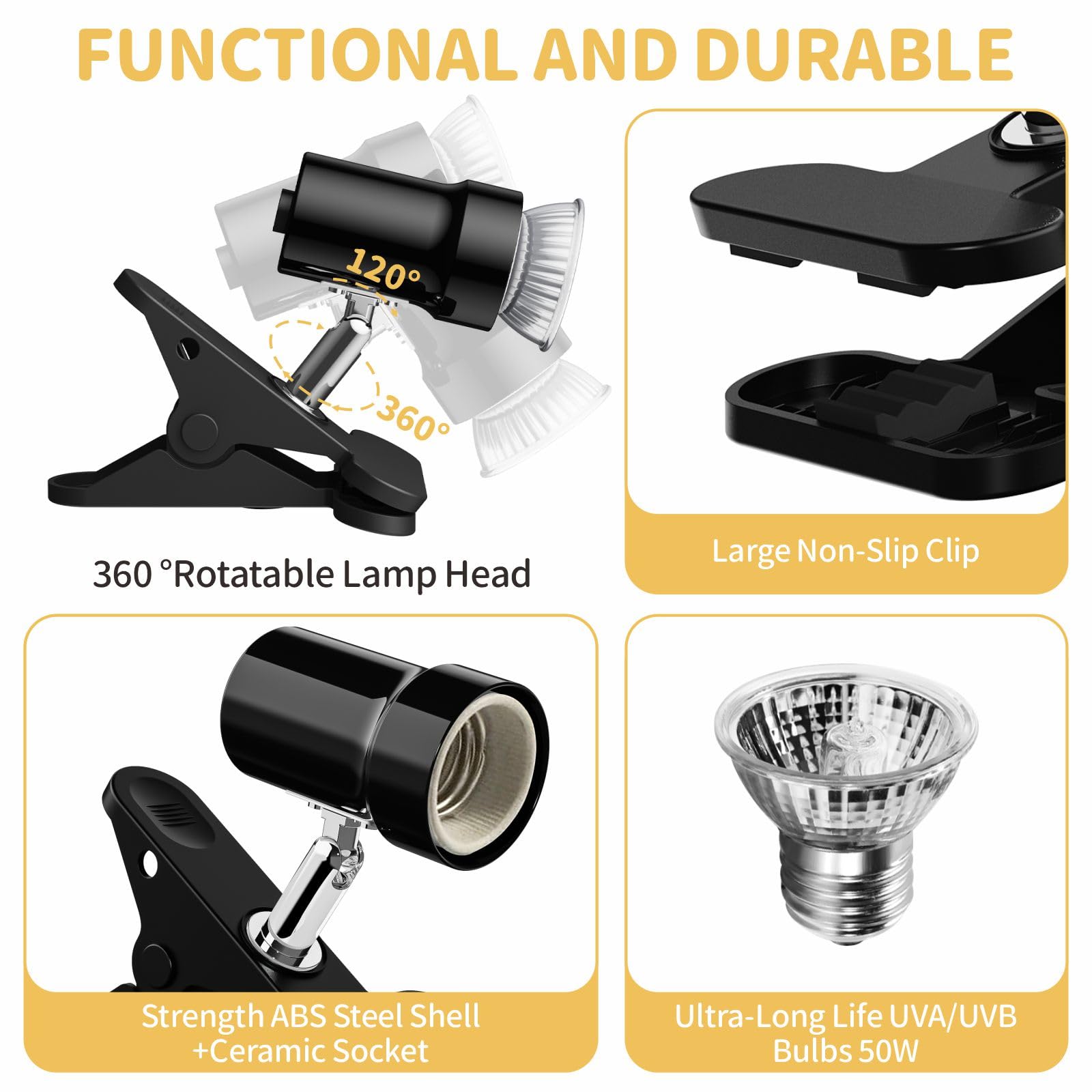 Gozilla Reptile Heat Lamp, Turtle Lamp With 50W Uva/Uvb Turtle Light Bulb, 360Rotatable Clip Reptile Basking Light For Amphibian