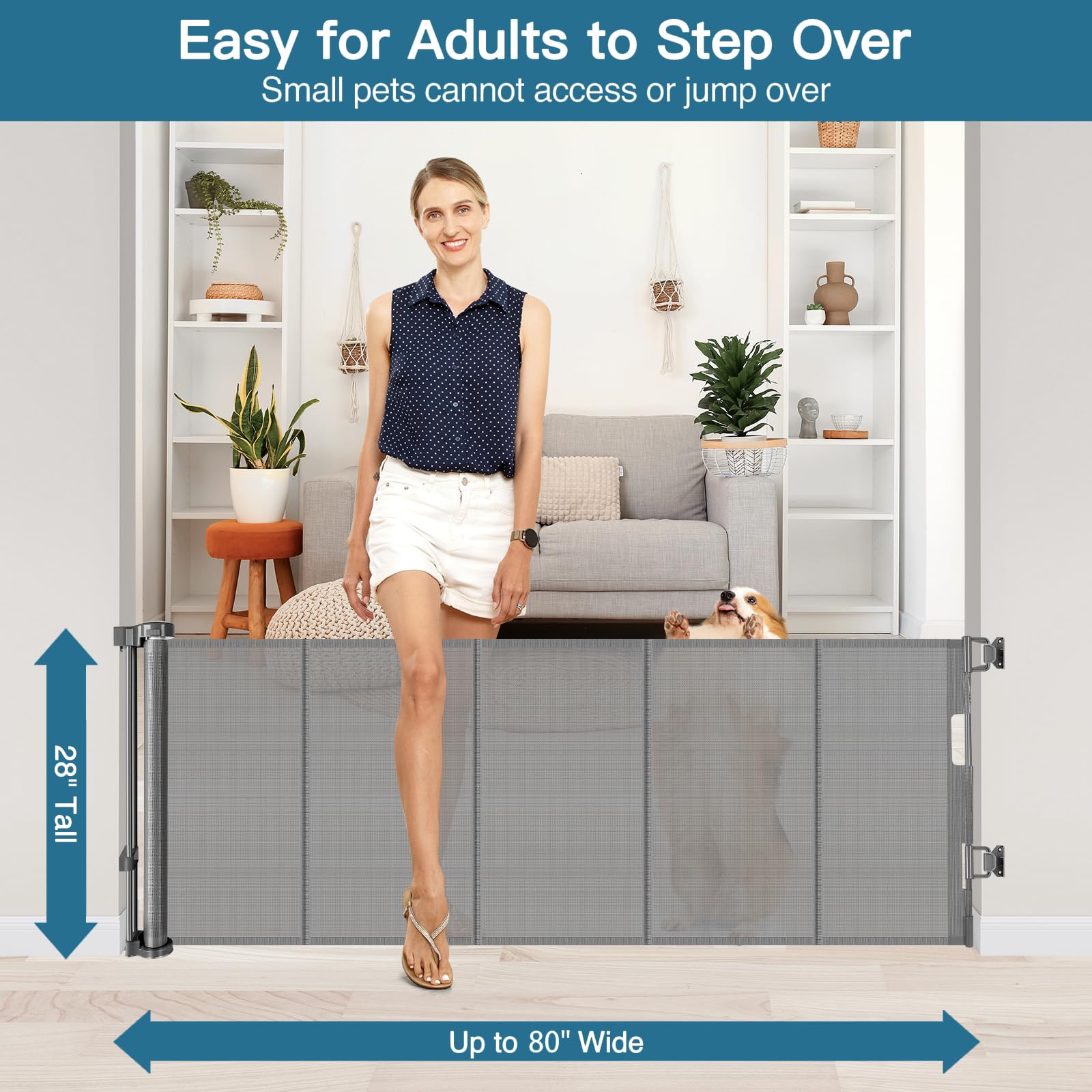 28 Inch Tall Retractable Baby Gates, 80'' Wide Reinforced Retractable Dog Gate with Support Rods, Walk Through Pet Gate, Short D