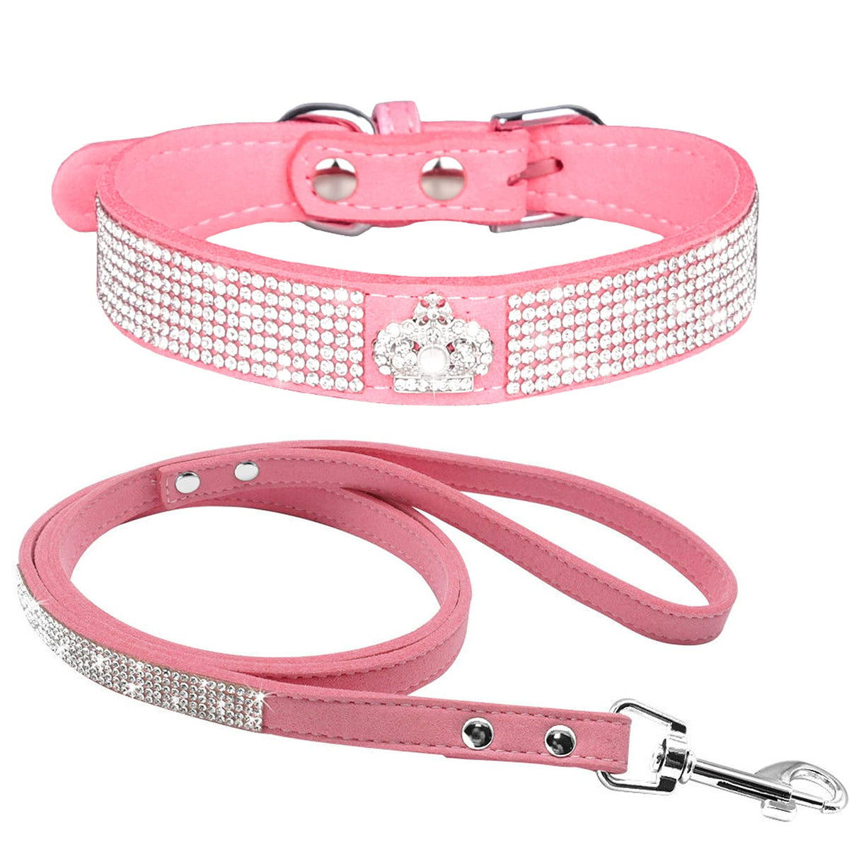 Haoyueer Cute Dazzling Sparkling Elegant Fancy Soft Suede Leather Bling Rhinestone Crystal Jeweled Pet Cat Dog Puppy Collar Leas