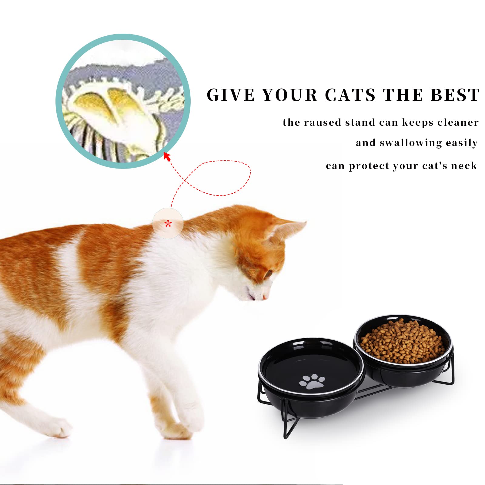 Gdcz Ceramics Raised Cat Small Dog Bowls With Heighten Metal Stand,15 Ounces (Black)