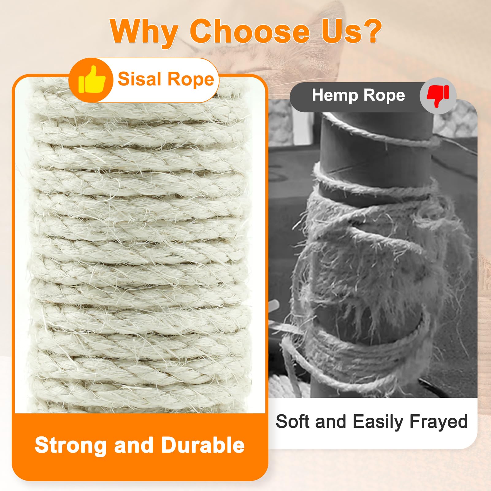 Natural White Sisal Rope For Cat Scratchers, 1/4'' Thick (164Ft) - Includes Cat Self-Groomer & Ball, Perfect For Diy Cat Posts O