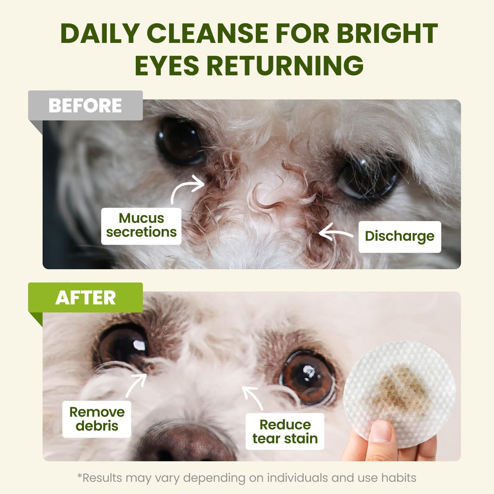 PawSono Eye Wipes for Dogs & Cats, Hypoallergenic Dog Eye Wipes Cleaner, Natural Cleaning Grooming Pet Wipes Gently Remove Tear