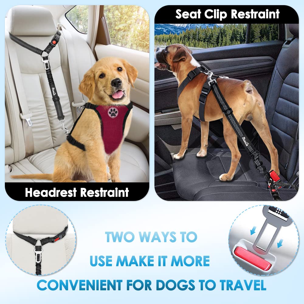 Lukovee Dog Car Seat Belt, 2 Pack Headrest Restraint Seatbelt, Adjustable Pet Safety Leads With Reflective Elastic Bungee For Dog Harness Collar Travel Daily Use (Black,Headrest + Clip)