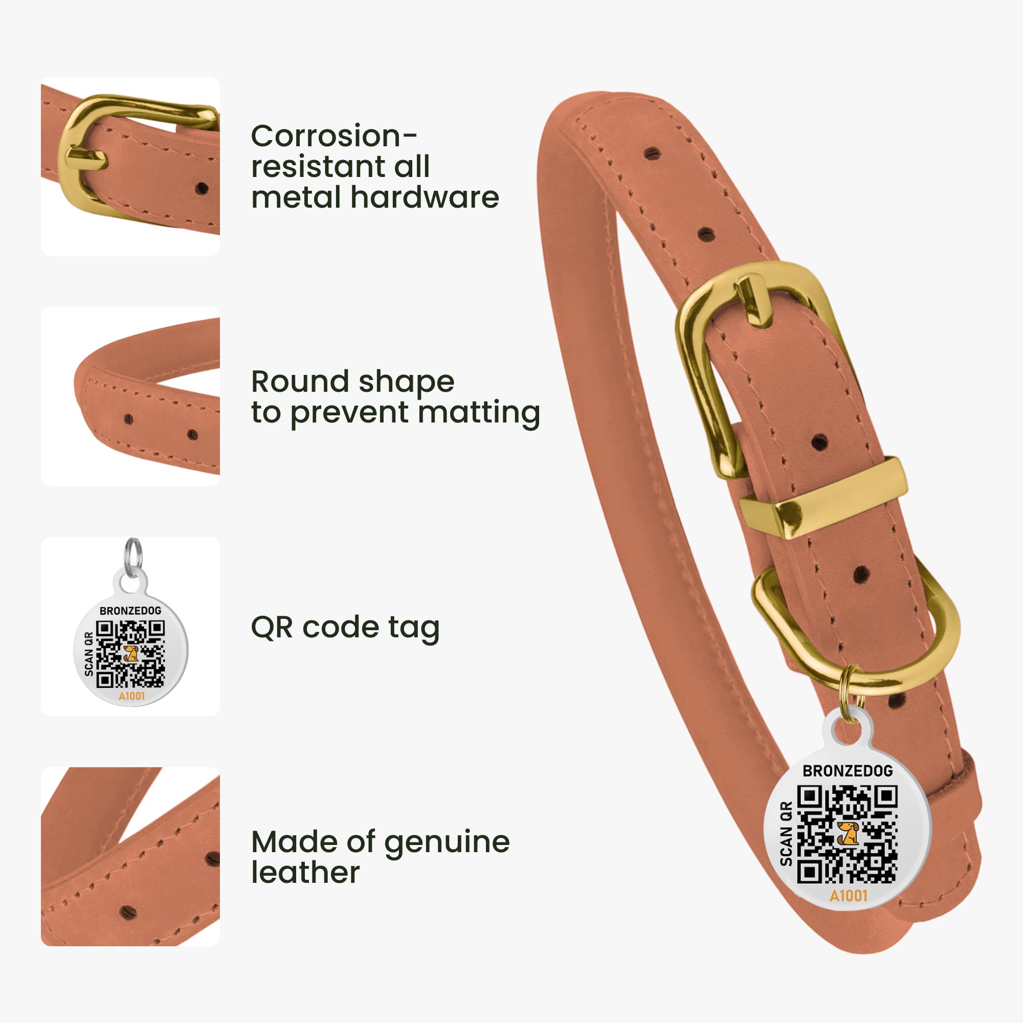 Bronzedog Rolled Leather Dog Collar With Qr Id Tag, Adjustable Soft Round Collars For Small Medium Large Dogs Puppy (11'' - 14 1