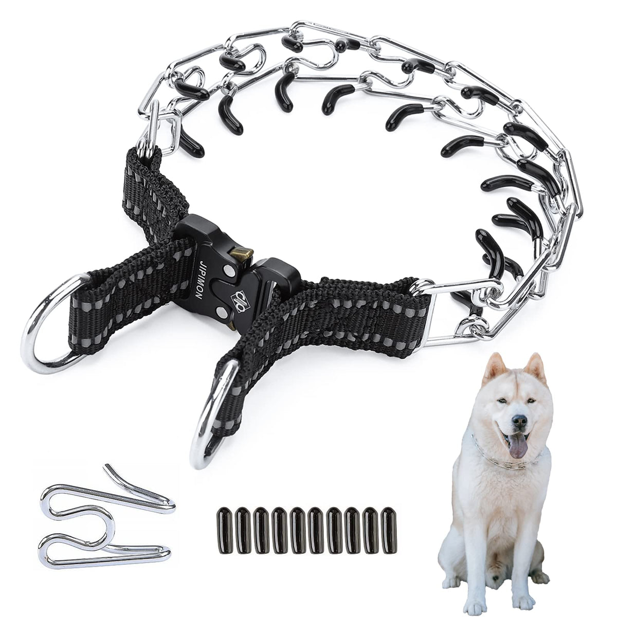 Jipimon Prong Collar For Dogs Adjustable No Pull Dog Choke Pinch Training Collar With Comfortable Rubber Tip For Small Medium Large Dogs(Small, Black)