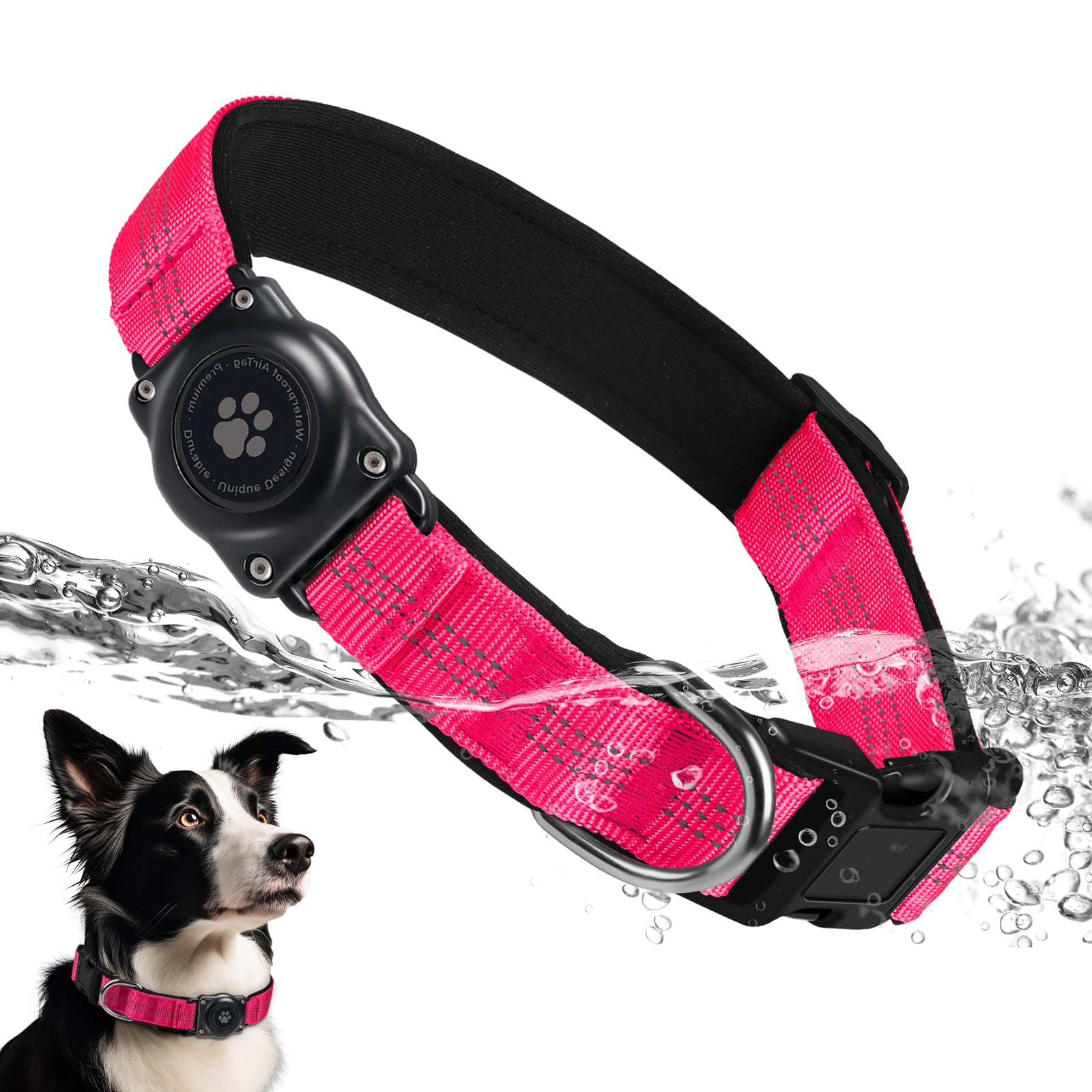 Upgraded Airtag Dog Collar, Ip68 Waterproof Air Tag Dog Collar Holder, Reflective, Ultra-Durable, Comfortable Padded, Heavy Duty Dog Collars For Small Medium Large Dogs (Xl (15.6'-22'), Hotpink)
