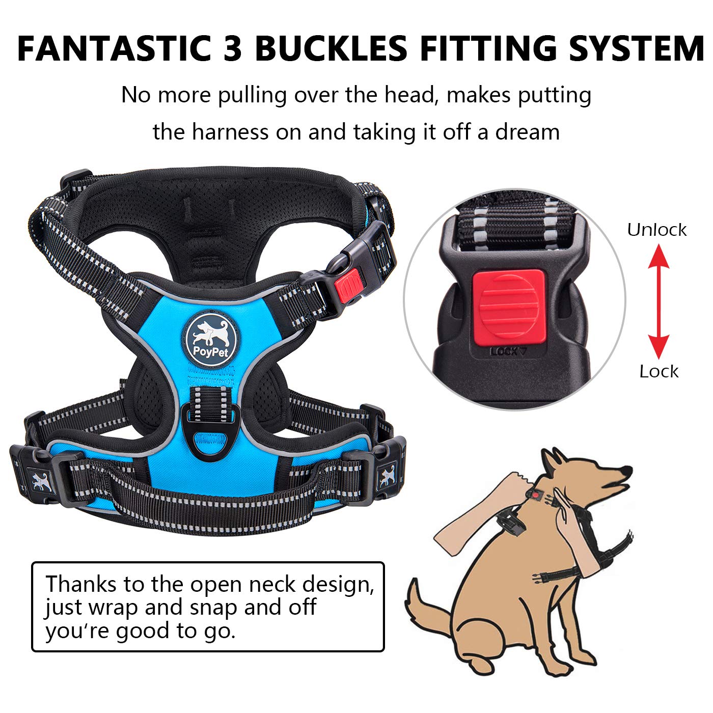 Poypet No Pull Dog Harness, No Choke Front Clip Dog Reflective Harness, Adjustable Soft Padded Pet Vest With Easy Control Handle For Small To Large Dogs(Blue,L)