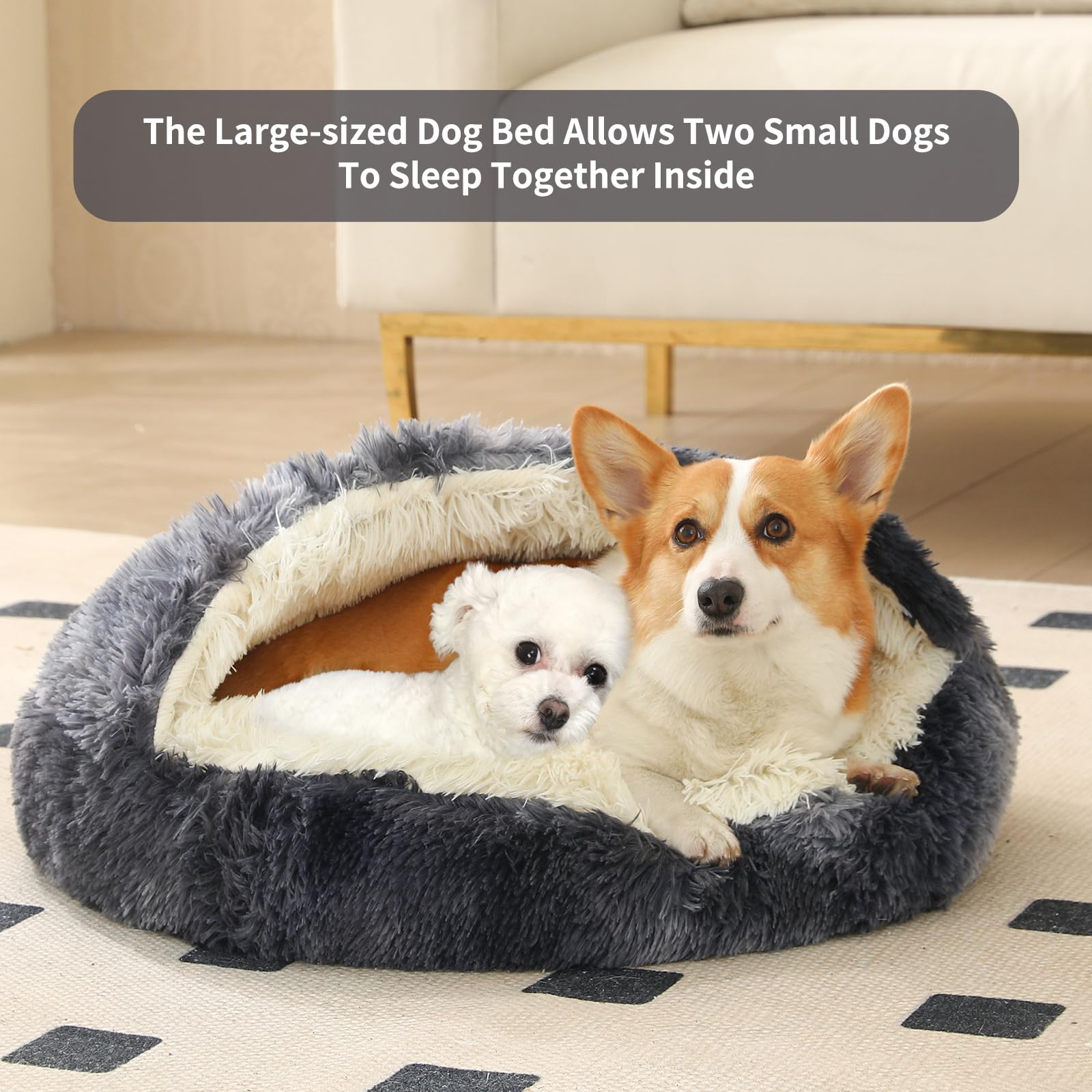 Kittywoo Dog Bed Round Hooded Plush Cat Cave Self Warming Pet Bed Donut Anti Anxiety Fluffy Pet Bed For Puppy And Kitty