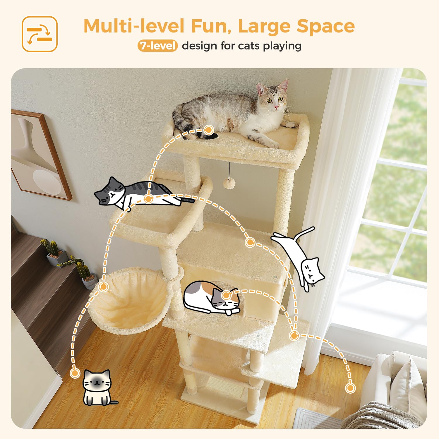 Pawz Road Large Cat Tree, 73 Inches Tall Cat Tower With 1 Large Padded Perch,2 Spacious Hammocks,8 Long Scratching Posts, Xl Plu