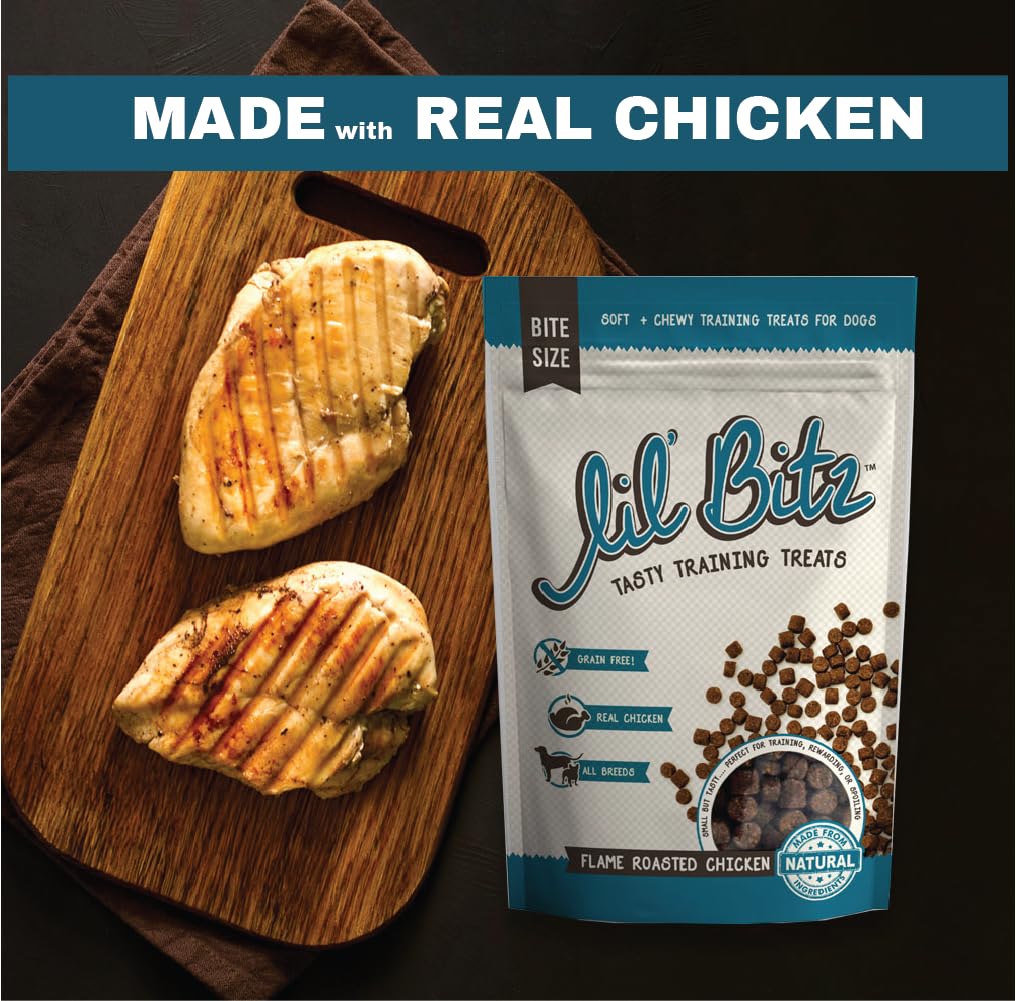 Lil Bitz Flame Roasted Chicken Training Treats, Soft, Tasty, Grain-Free, Perfect for Training and Spoiling, Irresistible Aroma,