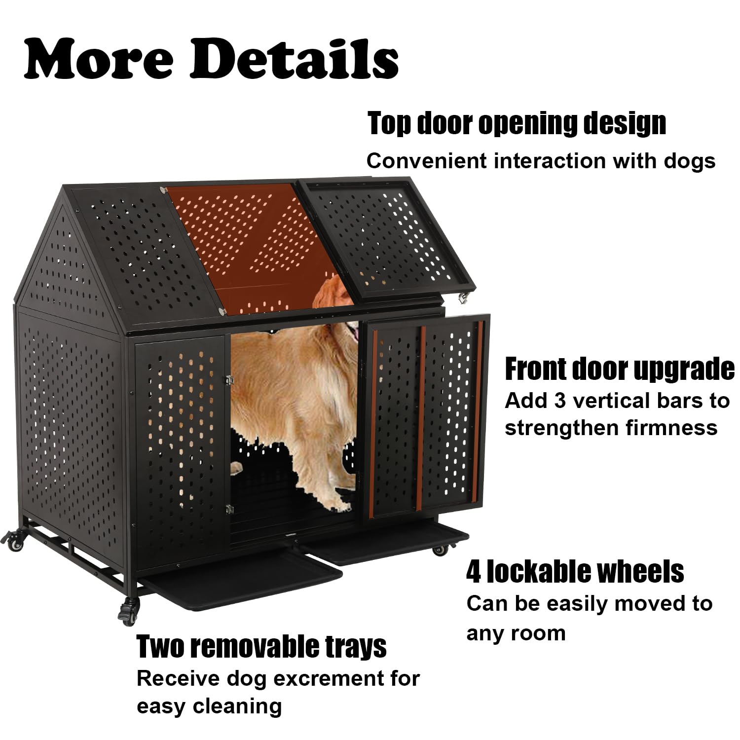 44 Inch Heavy Duty Indestructible Dog Crate, Escape Proof Dog Cage Kennel With Lockable Wheels, High Anxiety Double Door, Extra