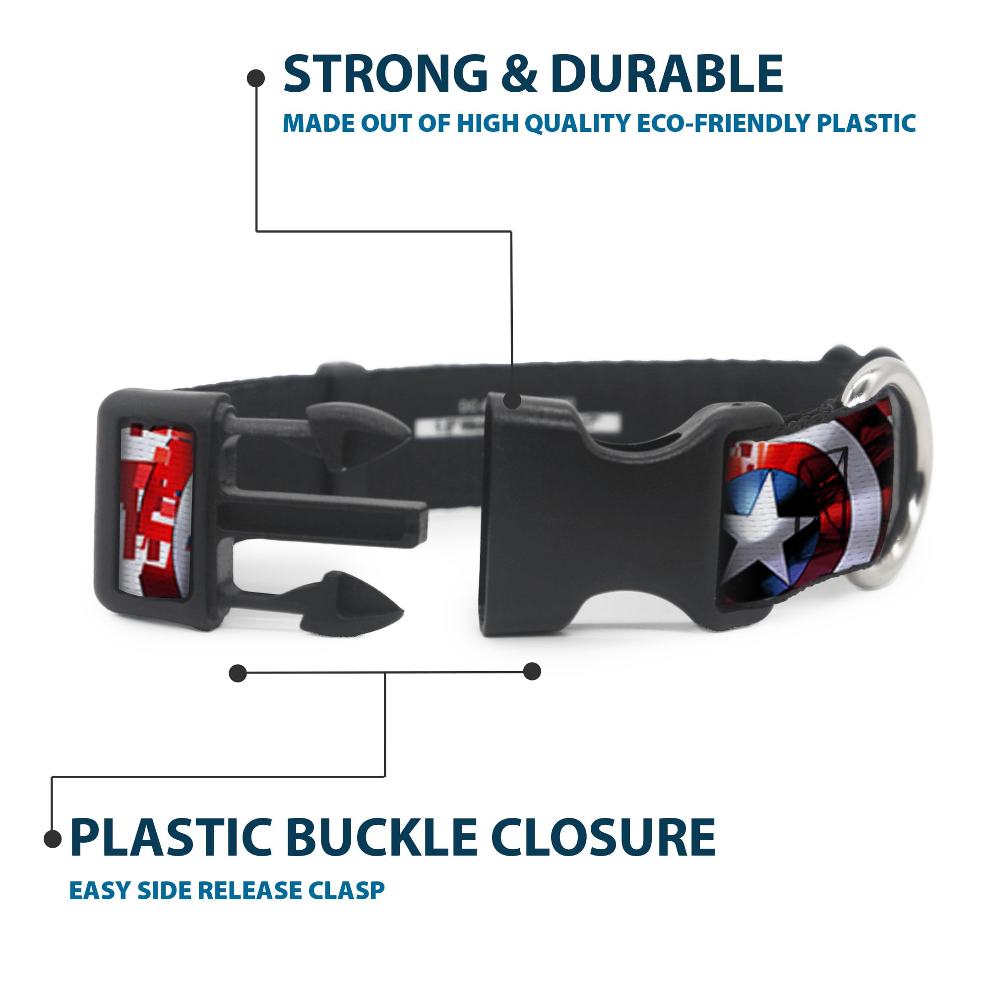 Buckle-Down Dog Collar Plastic Clip Captain America Shield Digital Camo Blue White Red Multicolor, 1 Wide - Fits 11-17 N