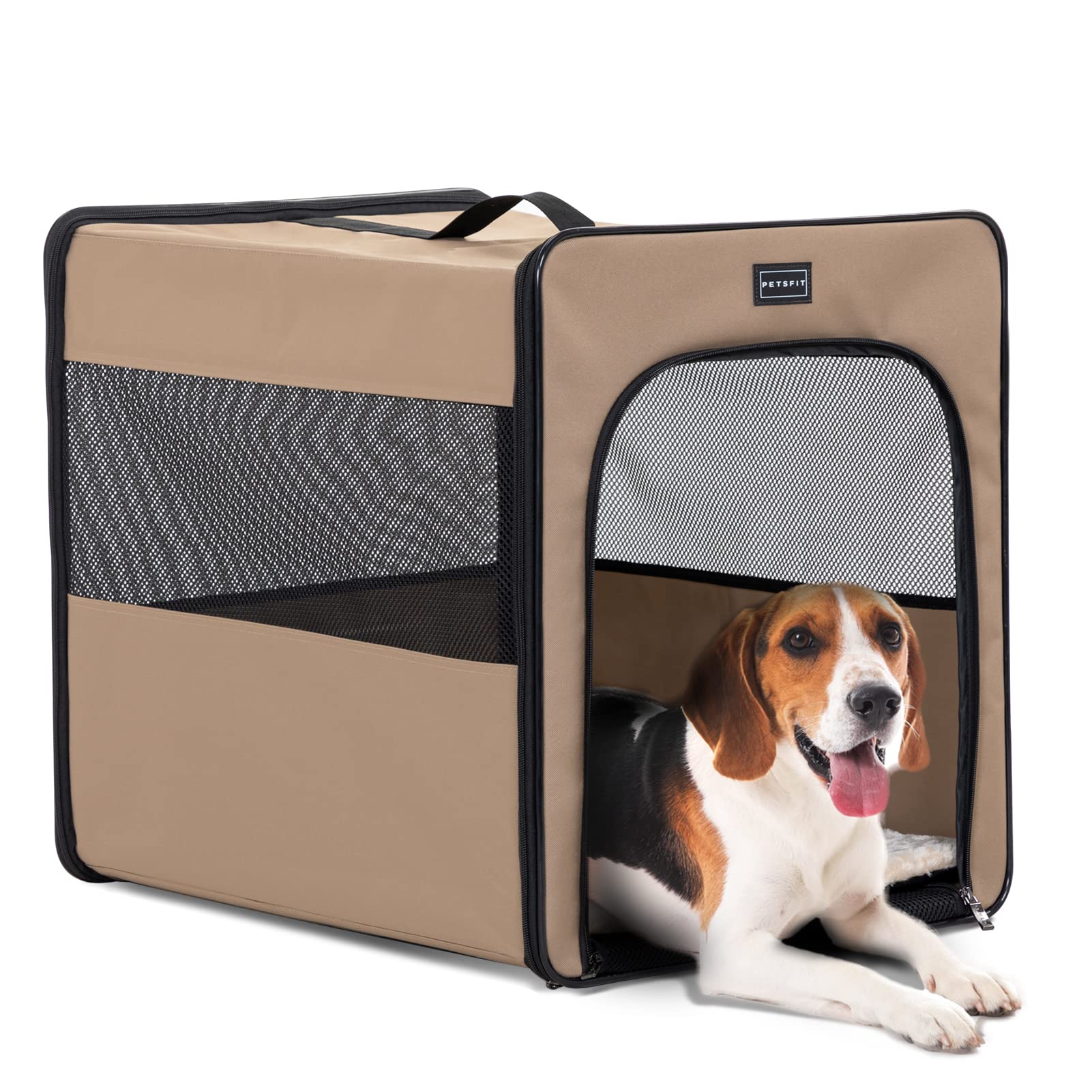 Petsfit Collapsible Dog Crate, Dog Travel Crate - 24 Inch With Thicken Mat, Easy To Fold, Sturdy And Portable, Perfect For Traveling, Soft Sided Dog Crate Khaki