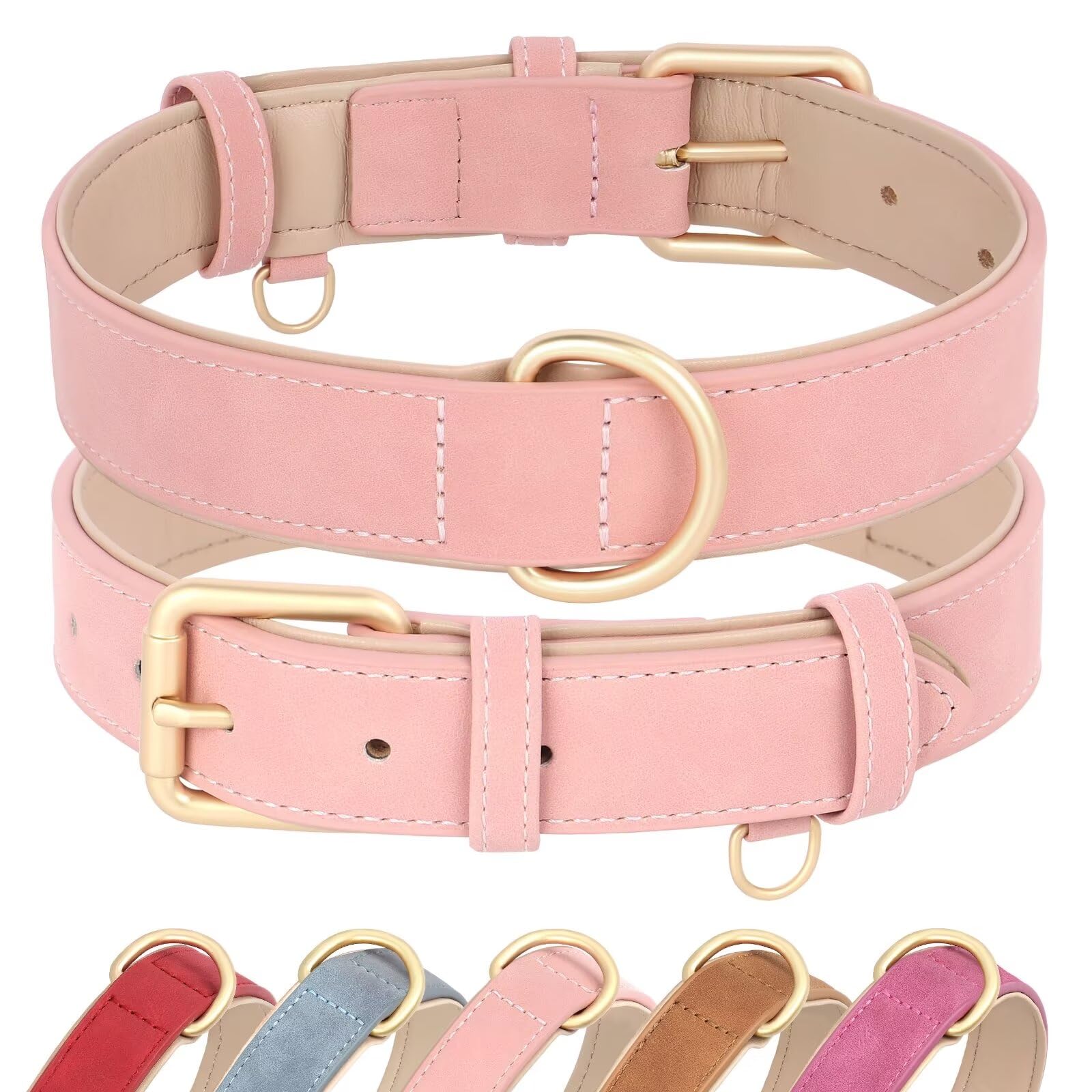 Didog Soft Padded Leather Dog Collar, Adjustable Pink Dog Collars For Medium Dogs With Heavy Duty Metal Buckle And D Ring,Pink,M