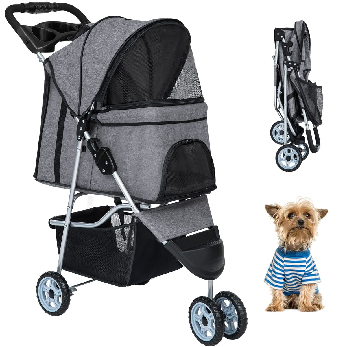 Bestpet Pet Stroller Dog Cat Jogger Stroller For Medium Small Dogs Cats Folding Lightweight Travel Stroller With Cup Holder (Grey, 3 Wheels)