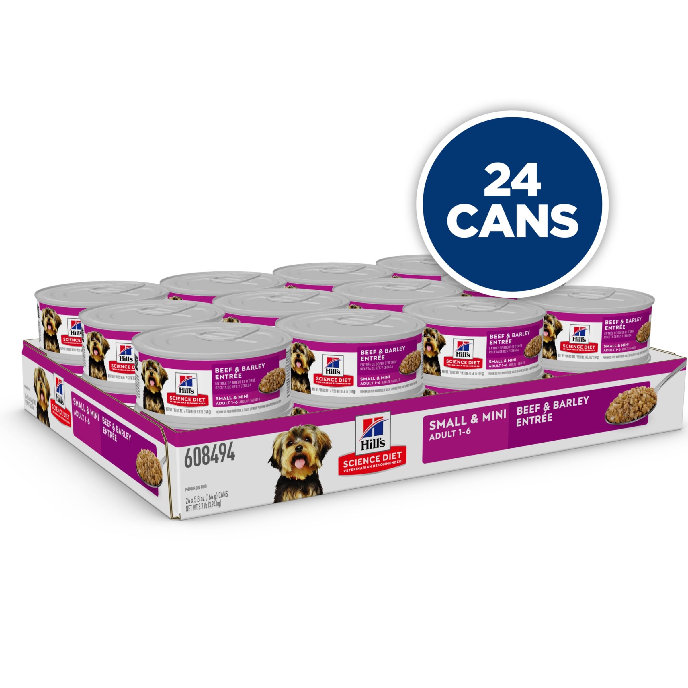 Hills Science Diet Small & Mini, Adult 1-6, Small & Mini Breeds Premium Nutrition, Wet Dog Food, Beef & Barley Loaf, 5.8 oz Can