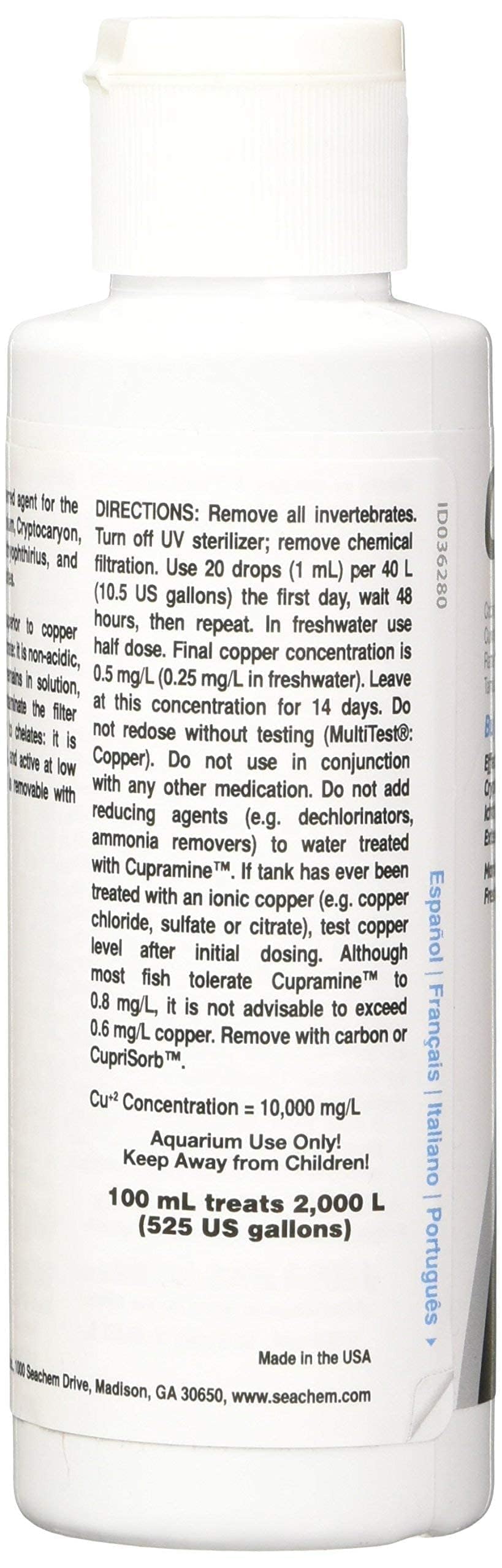 Seachem Cupramine Copper Treatment - 100ml Plastic Bottle, Blue, Model 20279