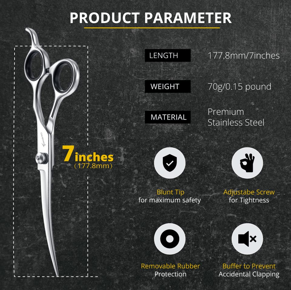 Tombro 7.0' Curved Dog Grooming Scissors Professional Curved Scissors For Pets 6Cr Stainless Steel Pet Grooming Scissors With Safe Round Tips,Pets Grooming Shears With Offset Handle (Down-Curved)
