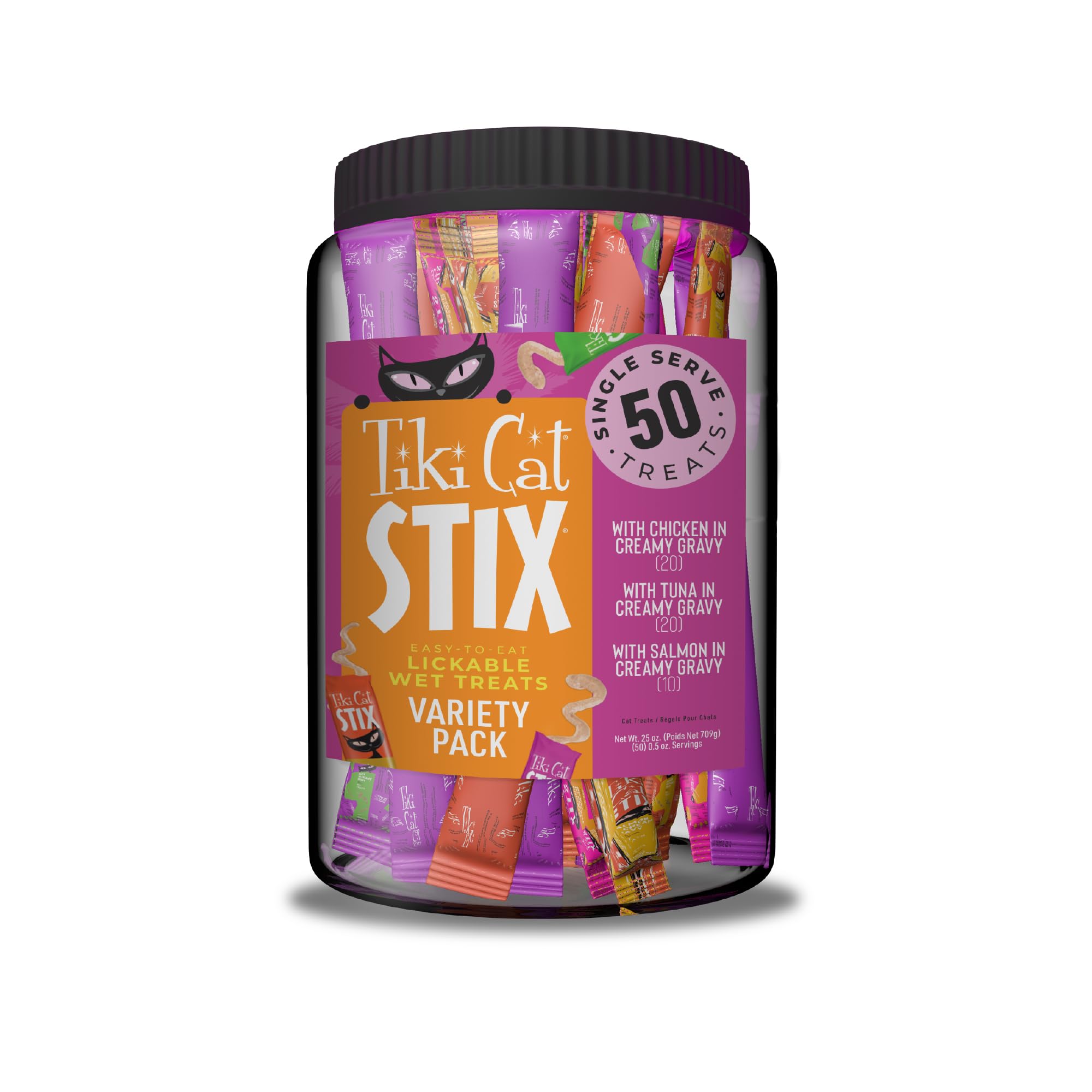 Tiki Cat Stix Mousse Treats, Variety Mega Jar, Single Serve Indulgent Lickable Treat or Dry Food Topper, 50 Count, 25 oz. (0.5 o