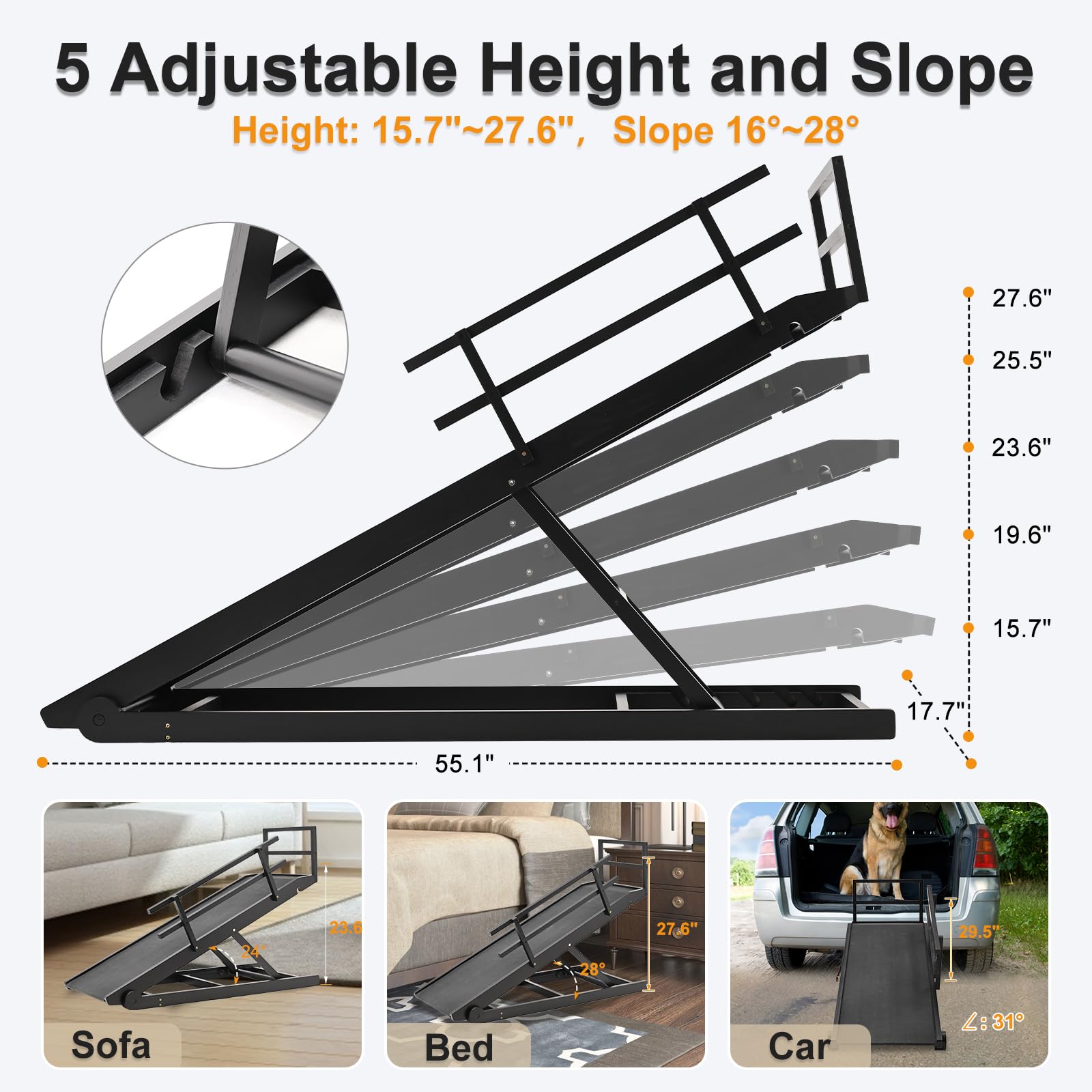 Dog Ramp For Bed, Adjustable Pet Ramps For Dogs To Get On Bed, Large Dogs Ramp For High Beds, Safety Dog Ramps With Rail For Cou