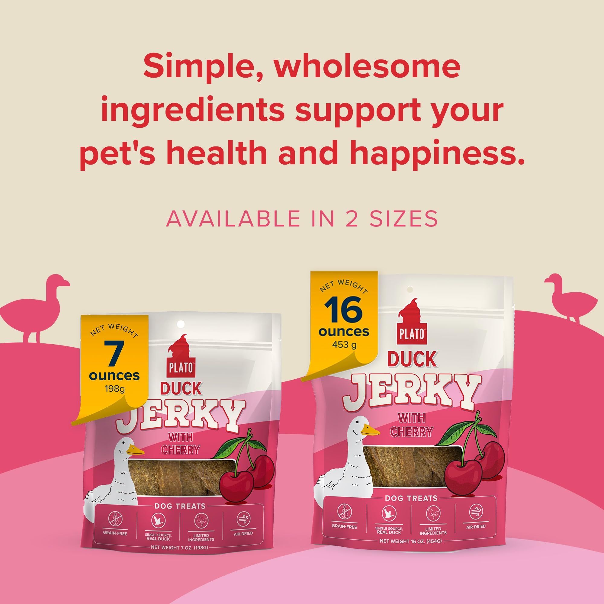 Plato Pet Treats - Air-Dried Jerky - Delicious, Real Meat Dog Treats - Grain Free - Supports Healthy Digestion - Duck with Cherr