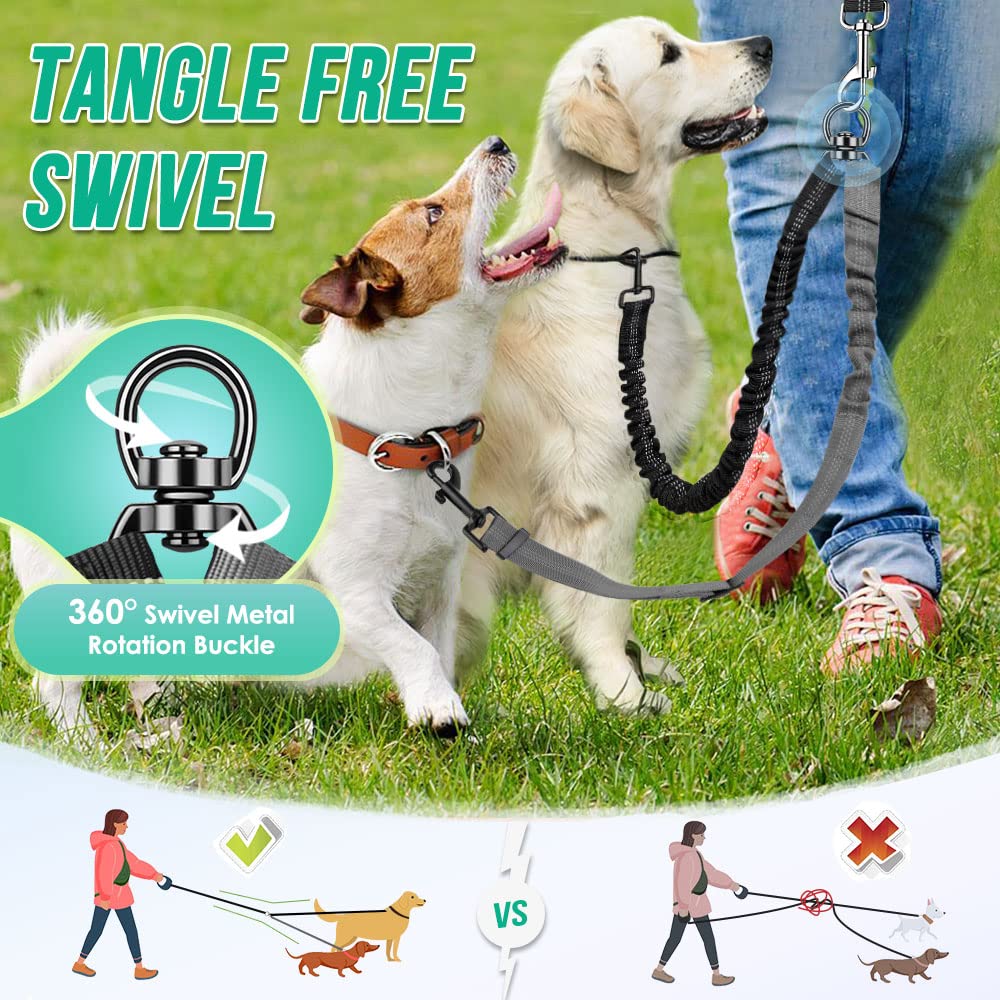 Autowt Two Dog Lead, 2 In 1 Upgraded Double Dog Leash Attachment Combine Adjustable Strap And Shock Absorbing Bungee No Tangle Dual Training Splitter For Medium Large Dogs (Black & Grey)