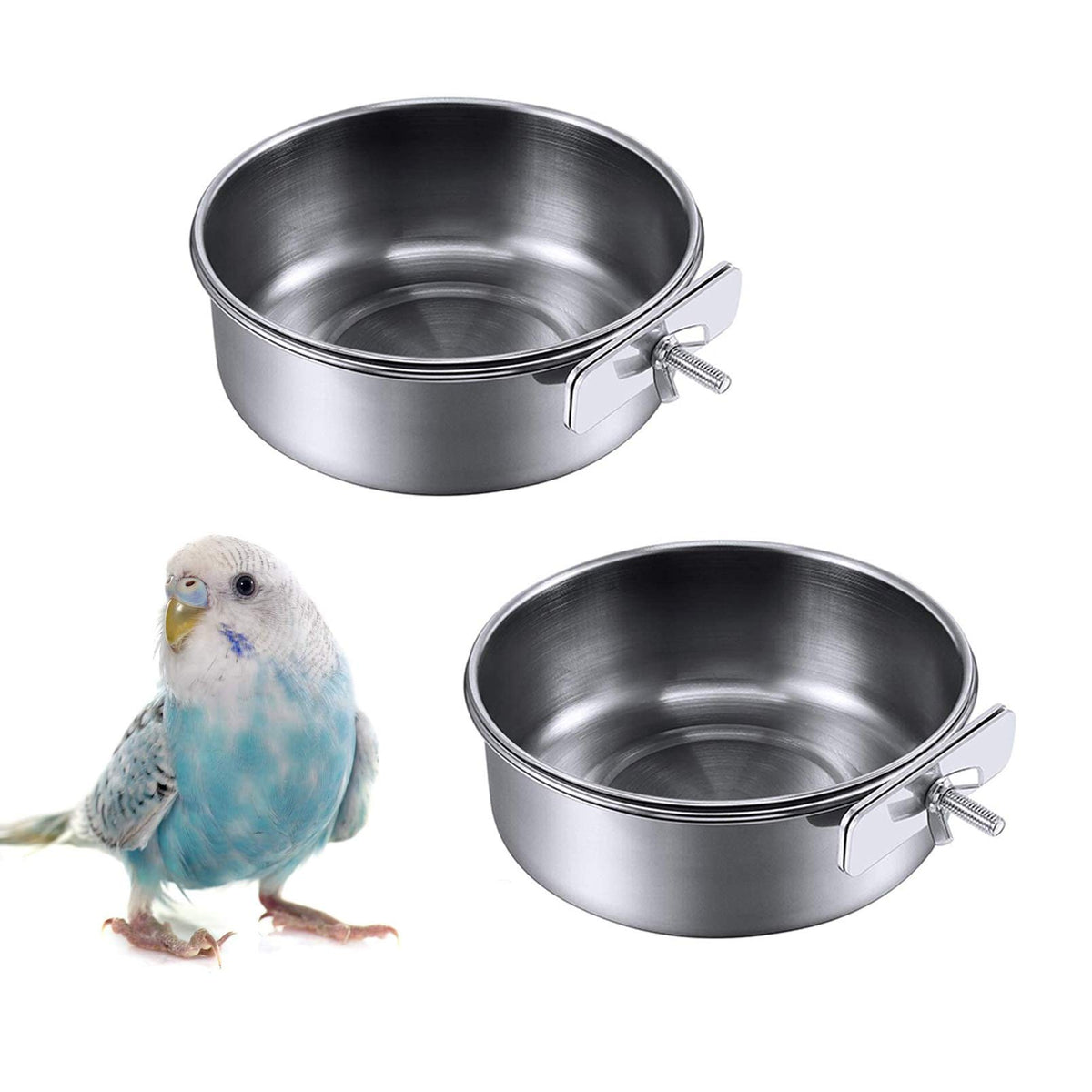 Kathson 2 Pack Bird Feeding Cups With Clamp Holder, Parrot Food & Water Cage Hanging Bowl Stainless Steel Coop Cup Dish Feeder F