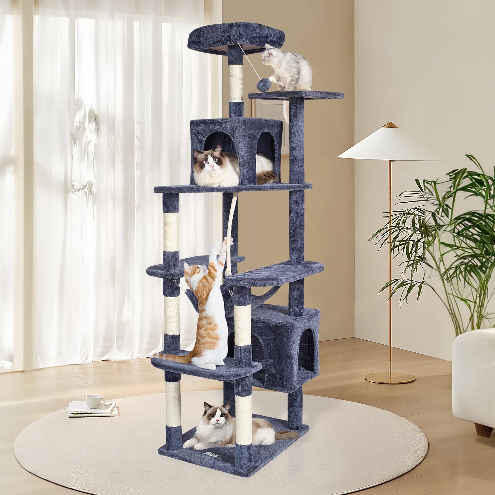 VEVOR Cat Tree 72 Cat Tower with 2 Cat Condos Sisal Scratching Post Dark Grey