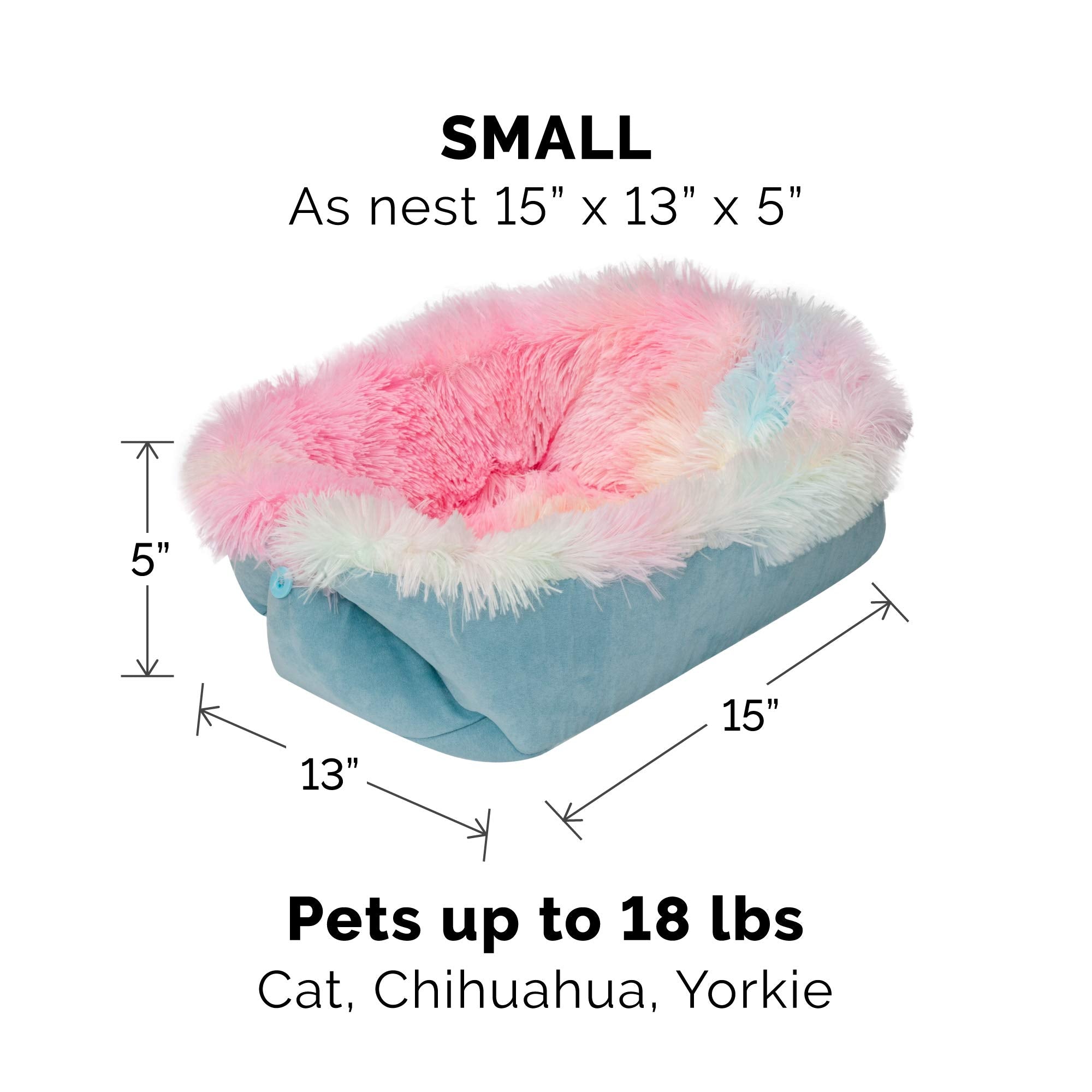 Furhaven Self-Warming Cat Bed for Indoor Cats, 4-Beds-in-1 & Washable - Plush Long Faux Fur Convertible Cuddler - Rainbow, Small