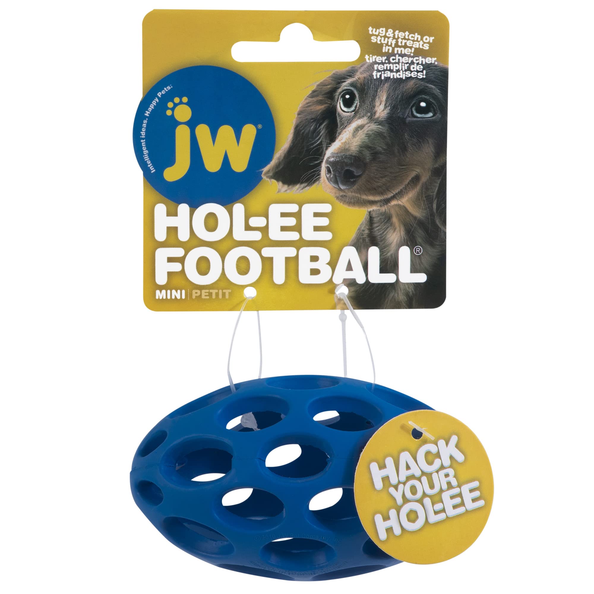 JW Pet Hol-ee Football Dog Toy Puzzle Ball, Natural Rubber, Mini (5.25 Inch Length), Colors May Vary