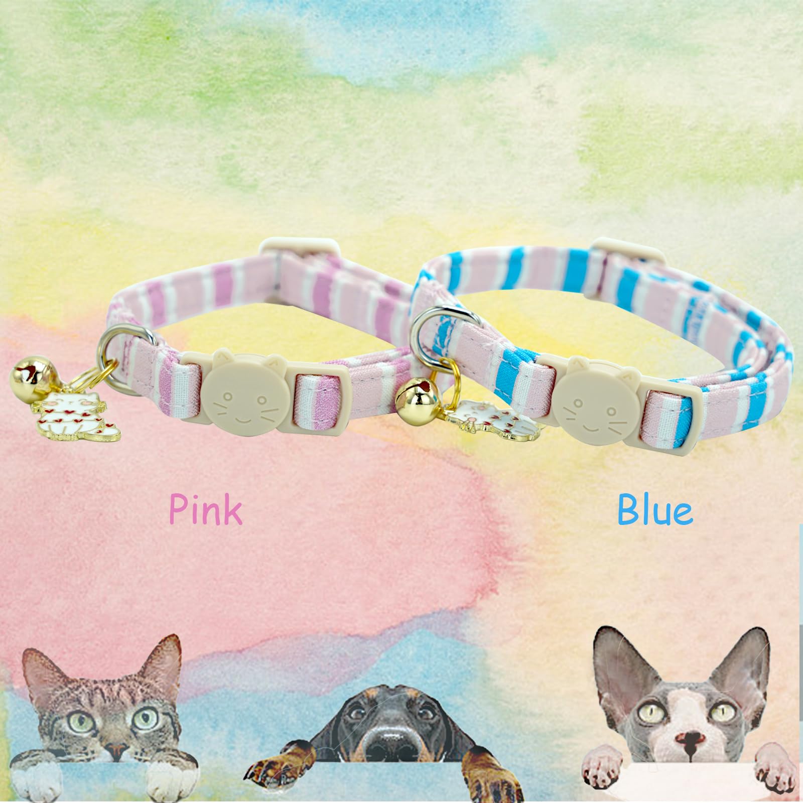 Elegant Little Tail 2 Pack Cat Collar-Pink Strip Cotton Breakaway Cat Collars With Bell Pendant Kitten For Girl Safety Adjustabl